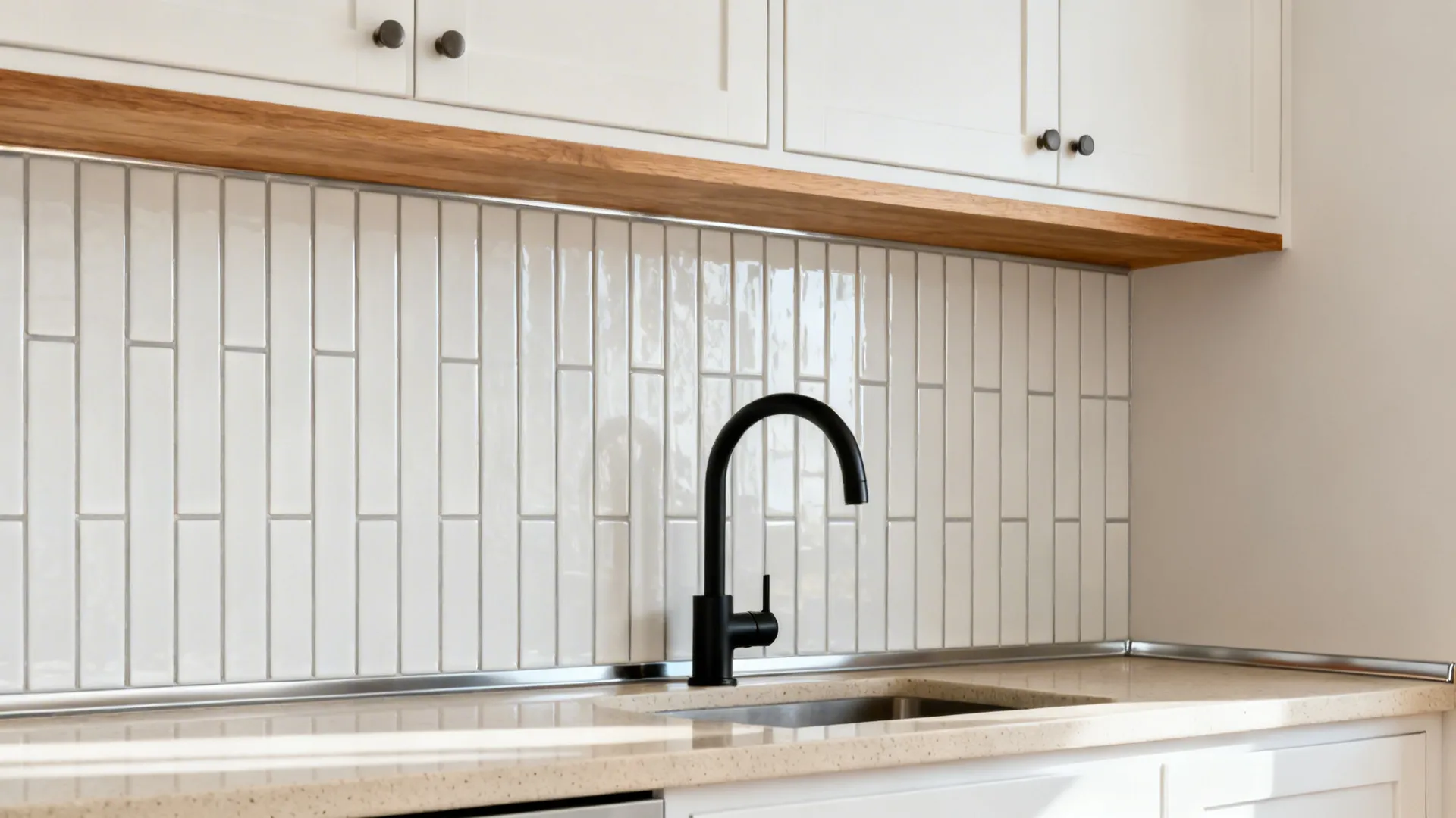 Elongated white subway tiles in a vertical stack with light gray grout and metal edge trim.