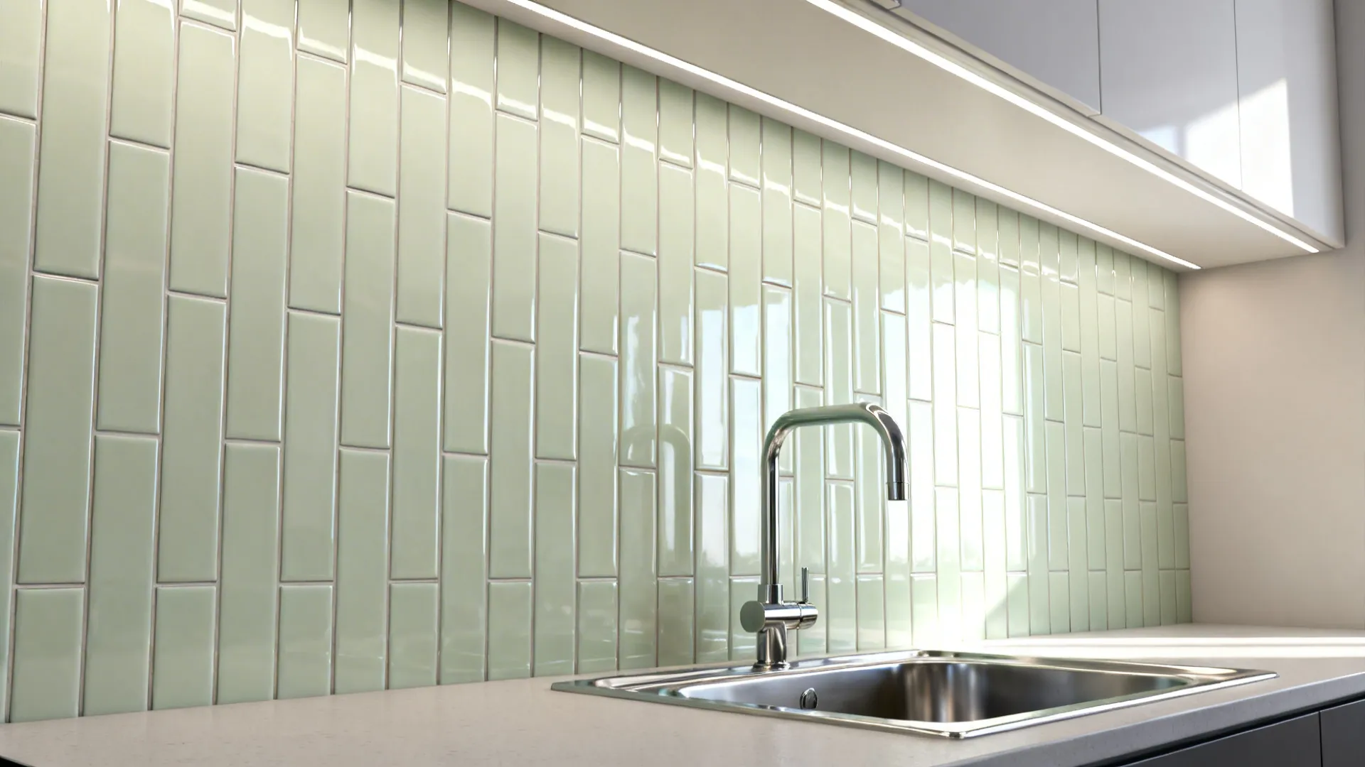 Vertical stack subway tile backsplash in off-white with slim metal trim behind a sink.