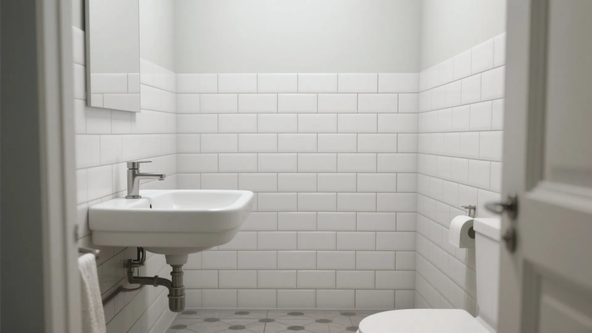 Modern small bathroom with white brick wall tiles white sink toilet and grey patterned floor tiles