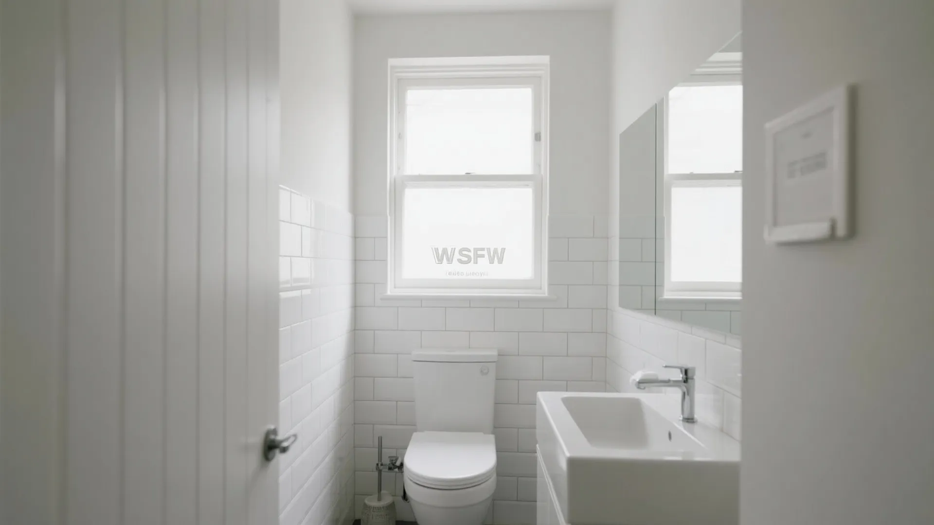 Small white bathroom with vertical subway tiles on walls featuring a toilet and white sink