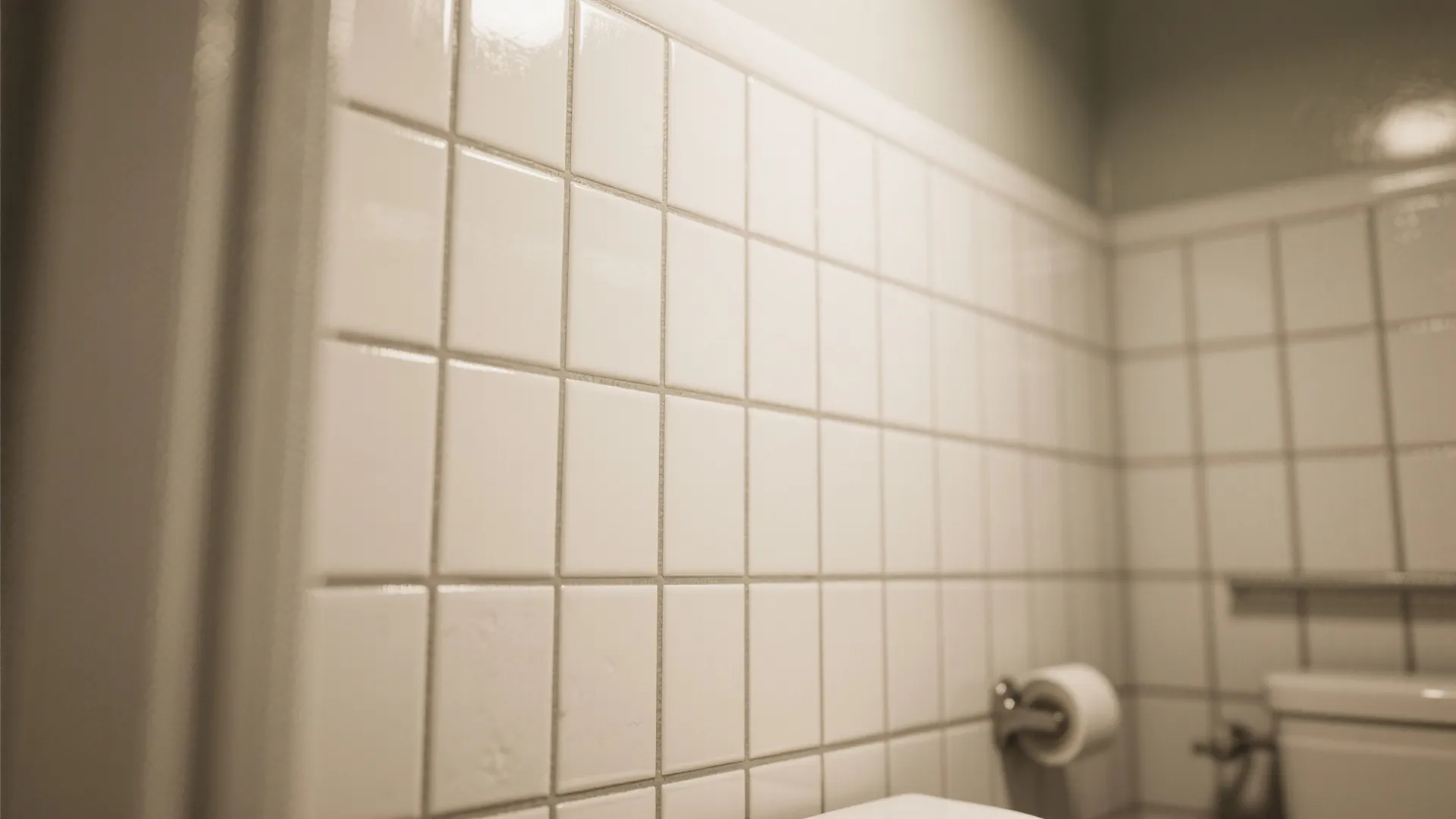 Vertical white wall tiles in a bathroom with a toilet paper holder and white toilet