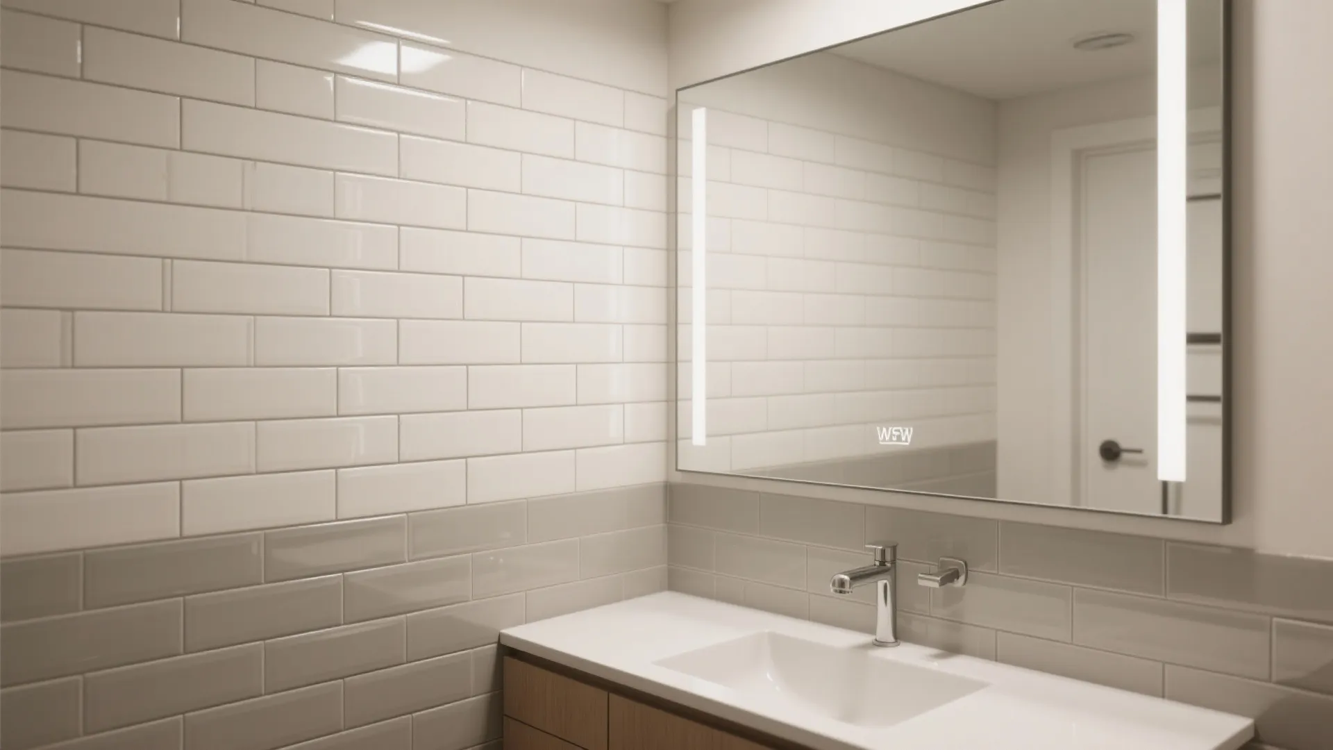Bathroom wall with white and grey brick tiles large mirror sink and a metal faucet