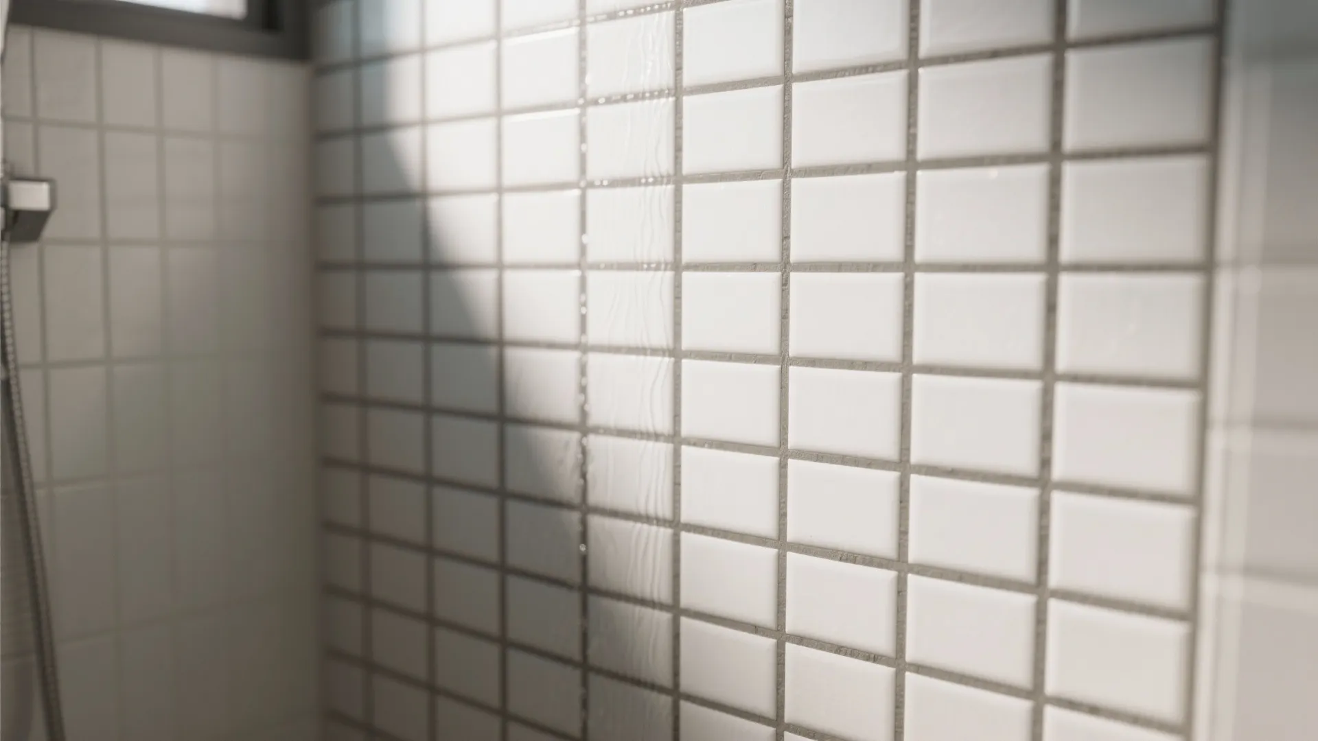 Vertical elongated subway tiles with darker grout lifting the shower ceiling visually.