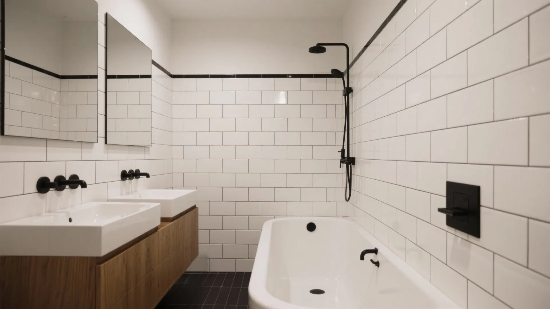 White tiled bathroom with black shower head wooden cabinet double sinks and a white bathtub