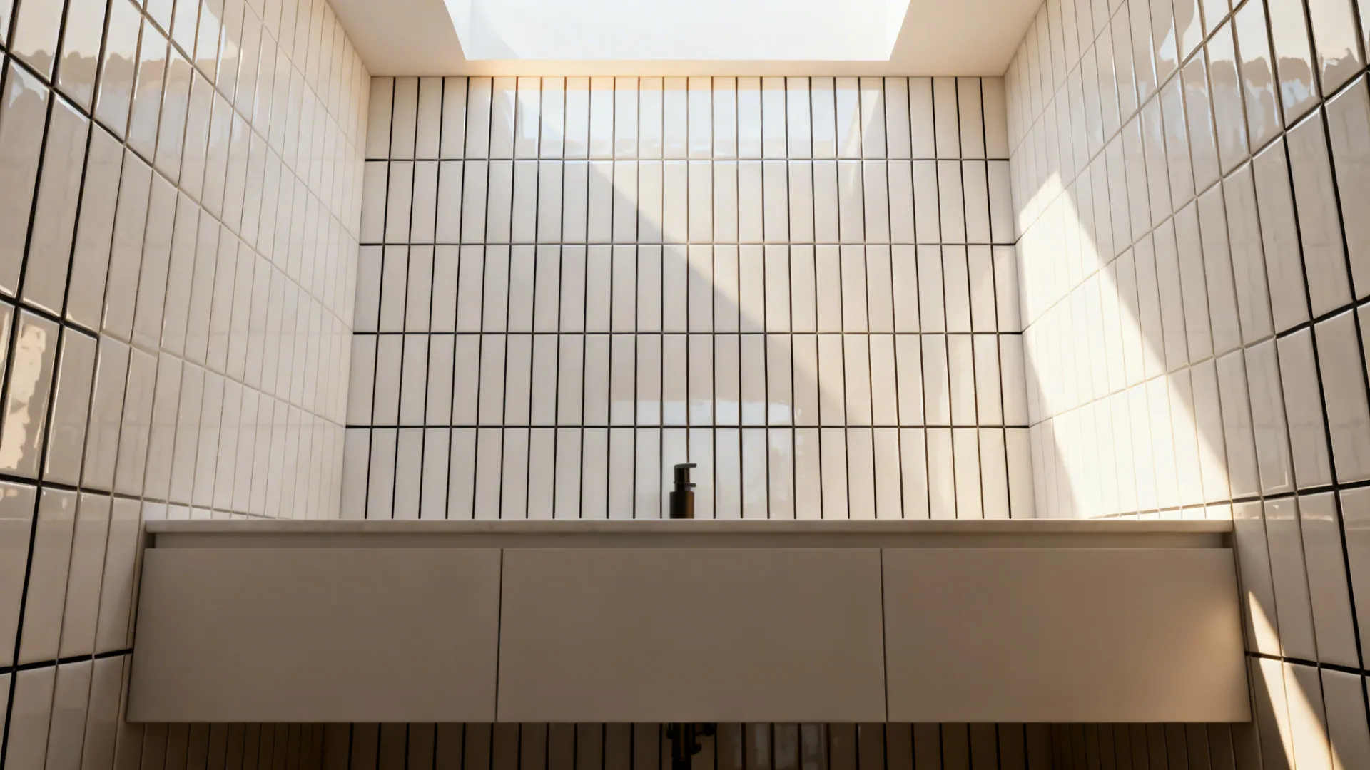 Vertical white subway tiles in a compact bathroom with a floating vanity emphasizing height