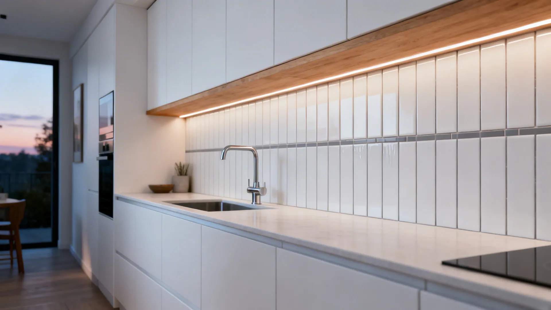 Small galley kitchen with vertically stacked white subway tile backsplash and slim LED lighting.