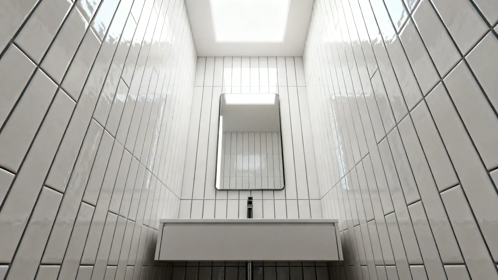Small bathroom wall with vertically installed glossy subway tiles creating a taller visual effect.