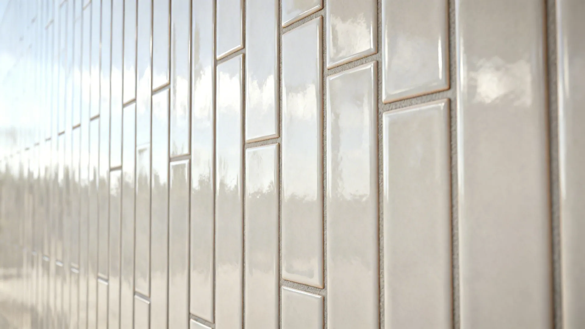 Close up view of white rectangular wall tiles fixed in a vertical pattern for rooms