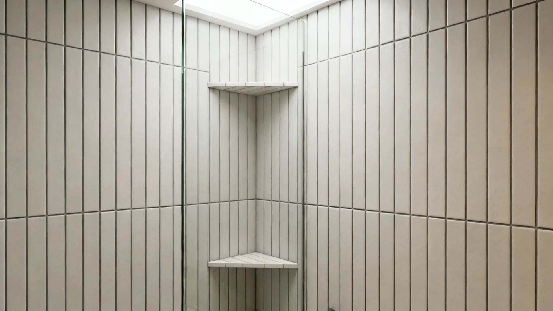 Compact shower with vertically stacked subway tiles and matte grout creating added height.