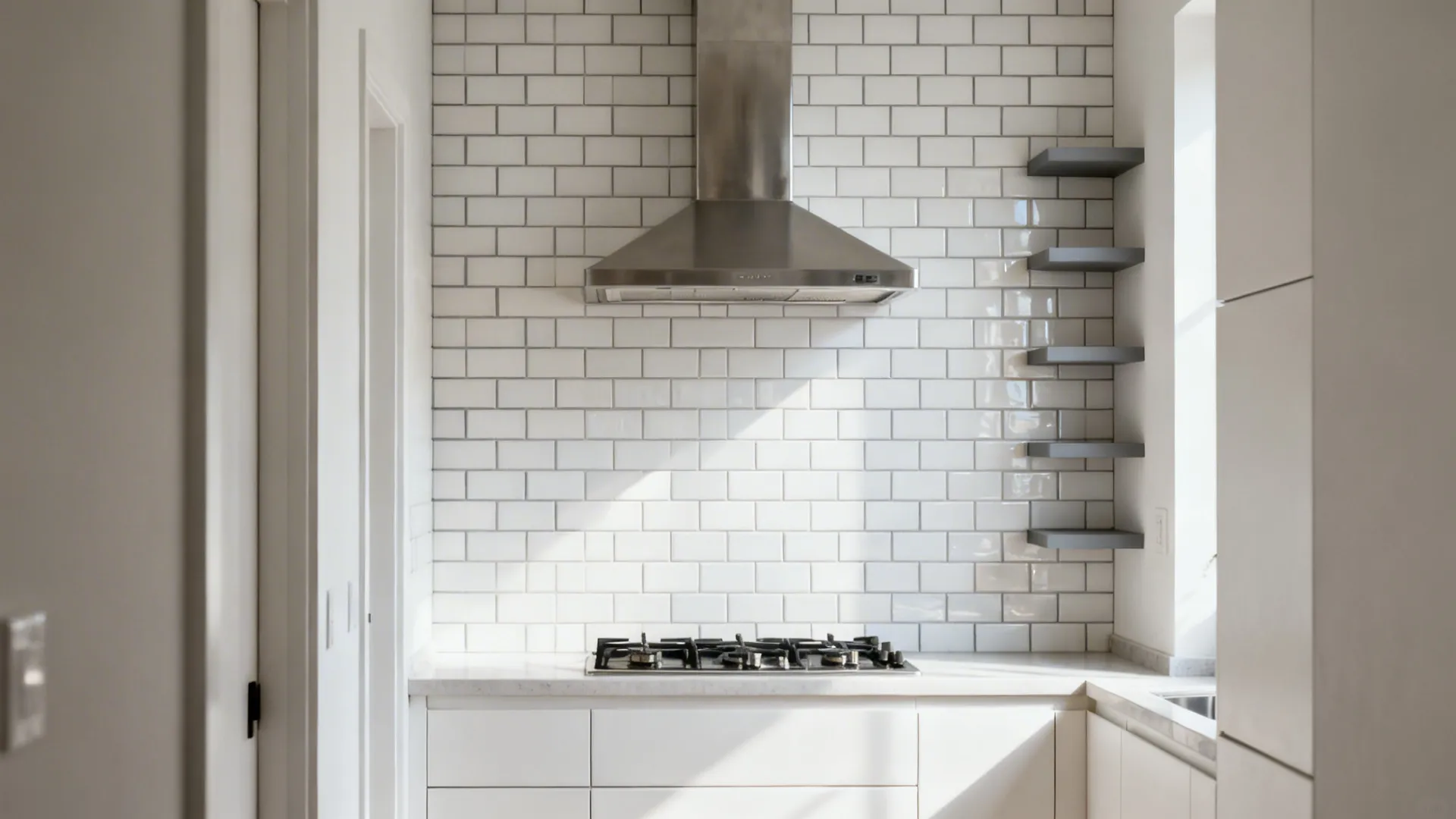 Vertical stacked 3x6 white subway tile backsplash with soft gray grout in a small kitchen.