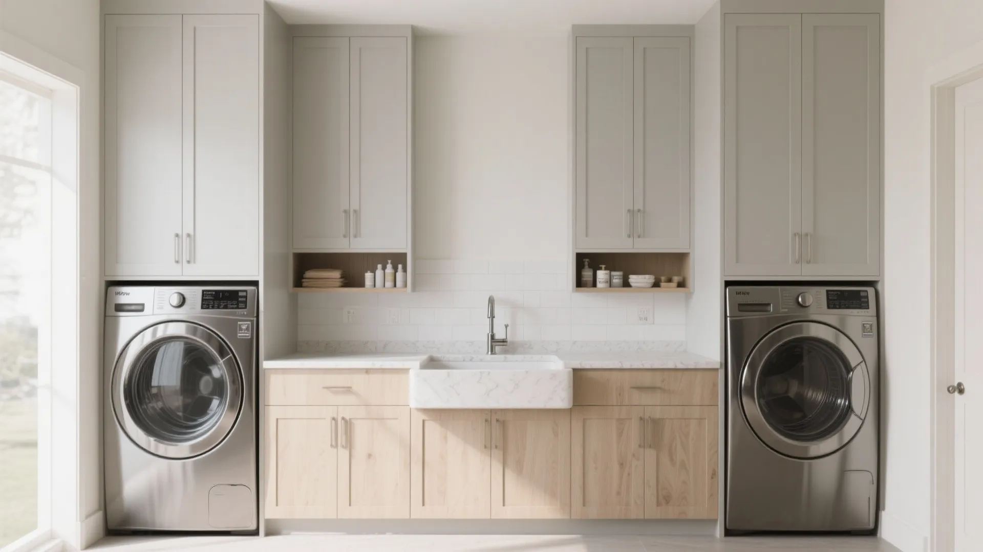 Modern laundry room with symmetrical grey cabinets, two washing machines, marble sink, and wood cabinets