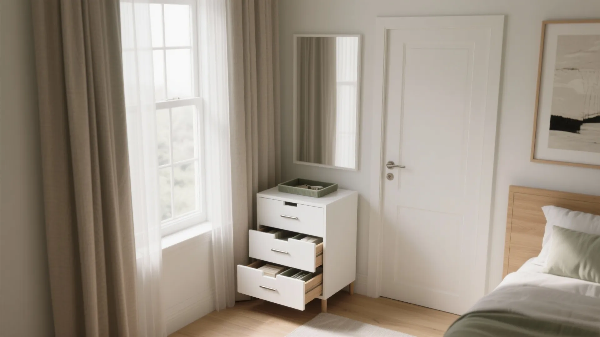 Vertical slim tallboy dresser for small rooms between window and door, light ash and white, deep drawers with organizers.