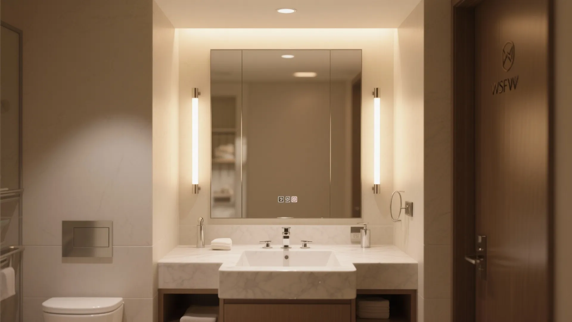 Sleek hotel bathroom featuring a marble vanity sink with two vertical wall lights and mirror
