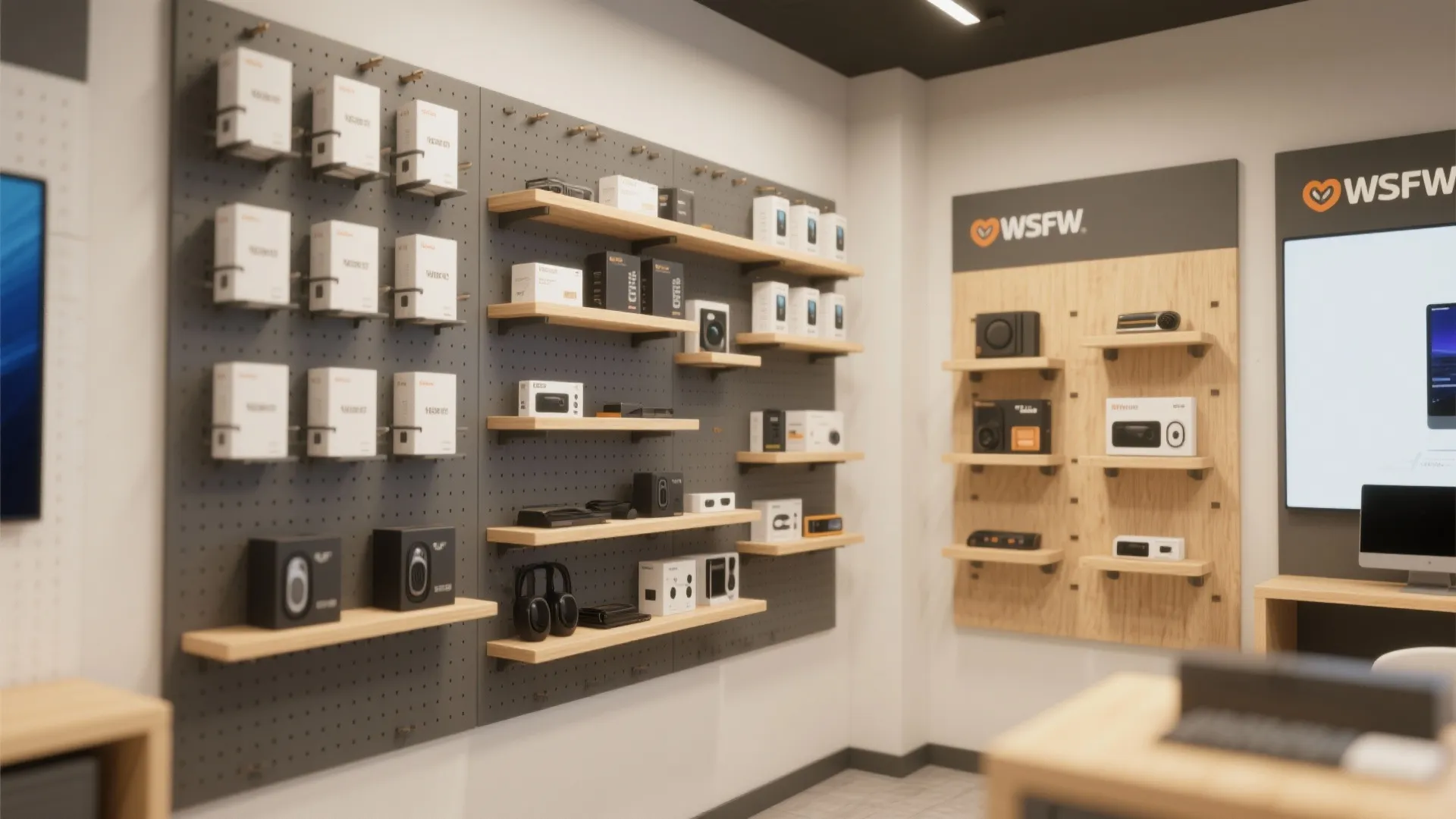 Grey pegboard and wooden wall shelves displaying boxed electronics and headphones in a modern store