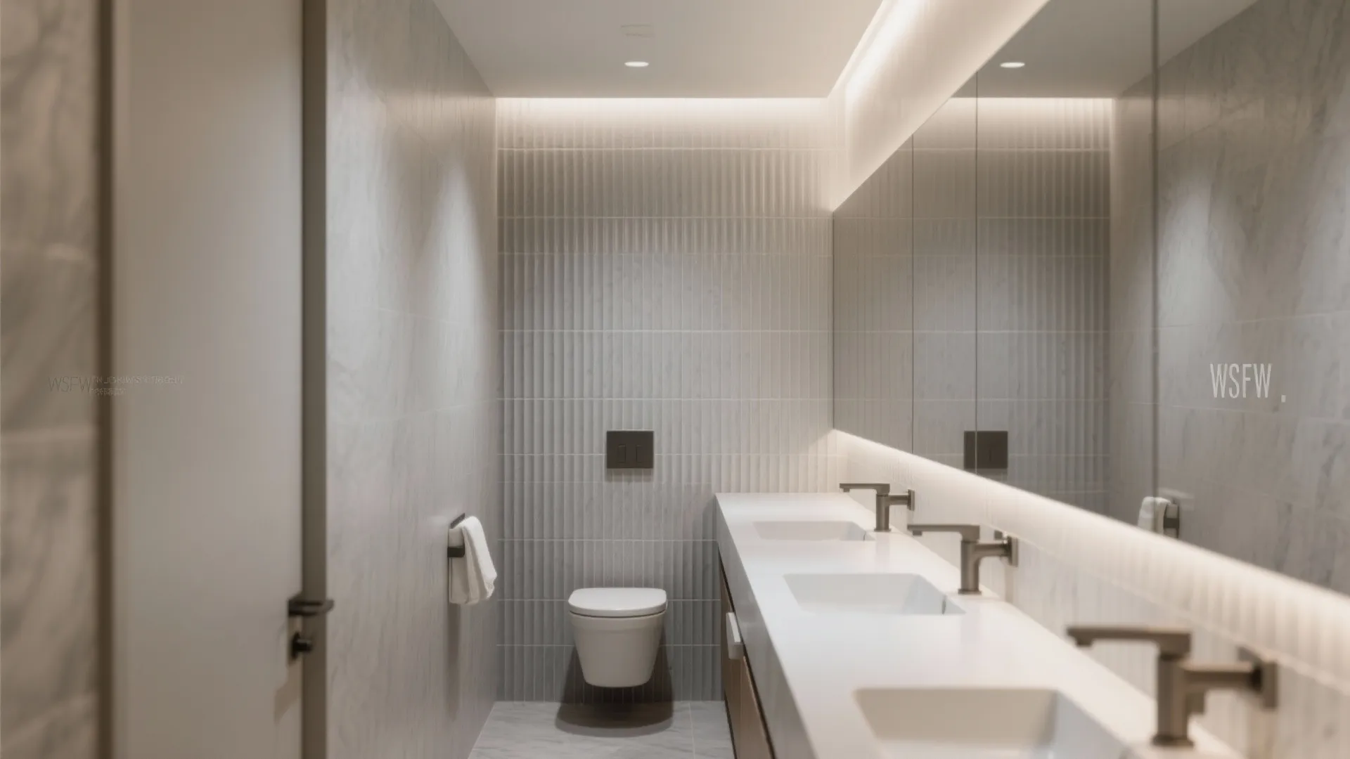 Narrow powder room with vertically stacked slim tiles and a ribbed ceramic feature wall, lit with soft wall washers for height and depth.