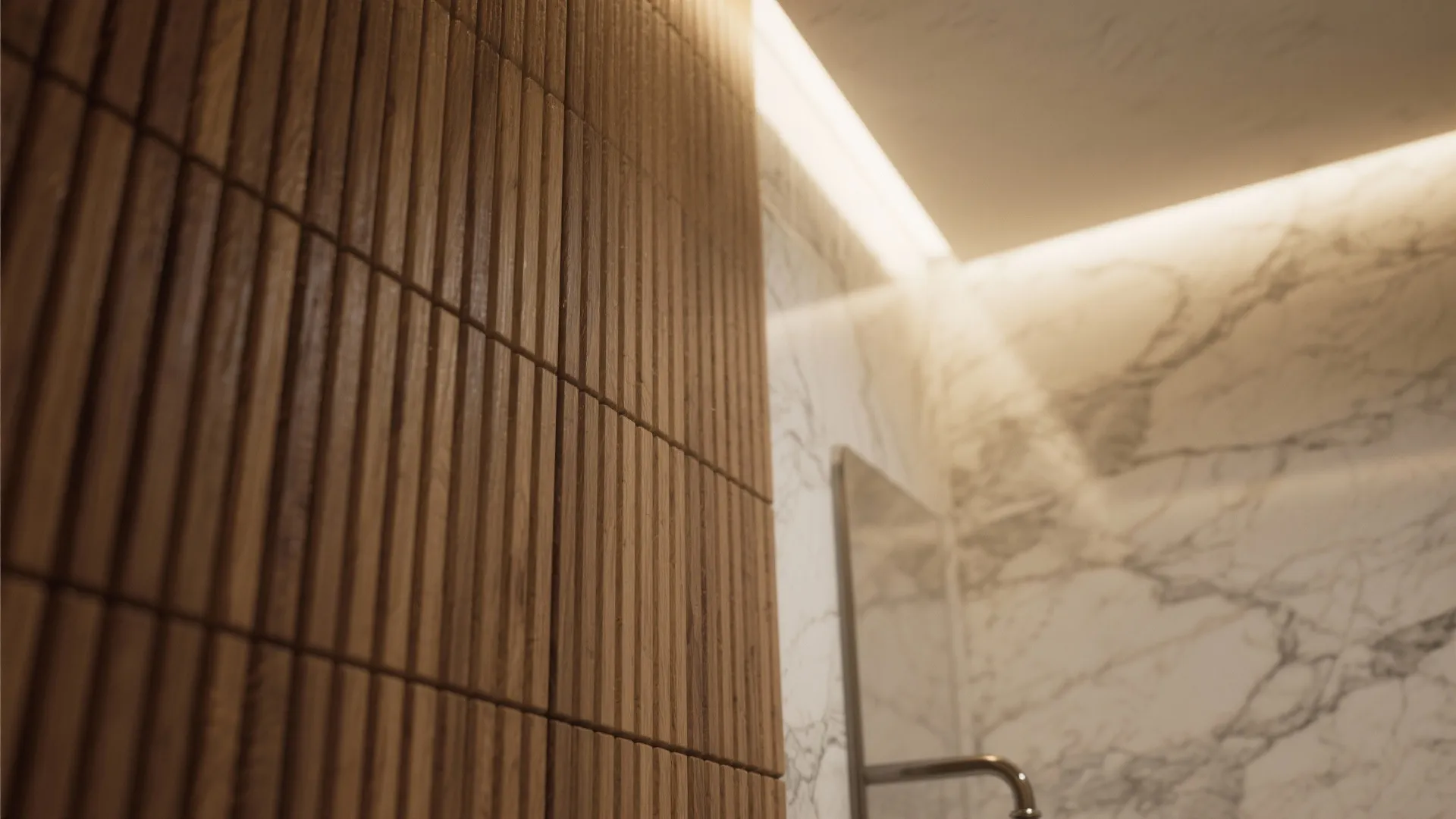 Close-up of ribbed wood panels and smooth marble in bathroom