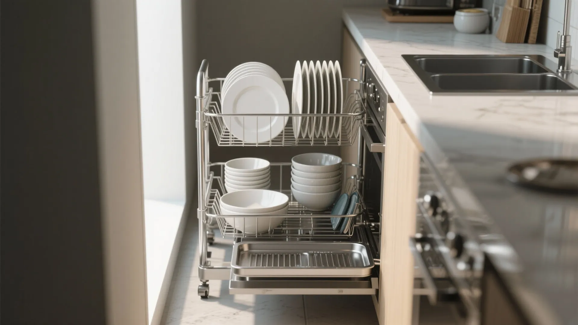 Tall two-tier vertical dish rack on a narrow counter with removable drip tray and anti-tilt feet.
