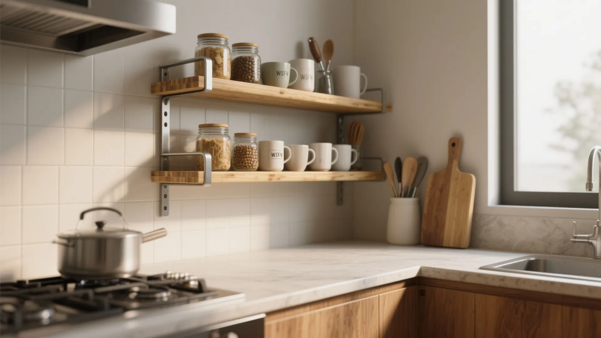 Wooden wall shelves in kitchen with glass jars mugs cutting board and a silver tea kettle