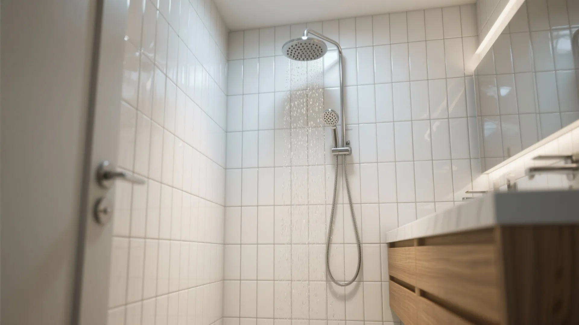 Modern white bathroom with vertical wall tiles large shower head wooden cabinet and marble sink counter
