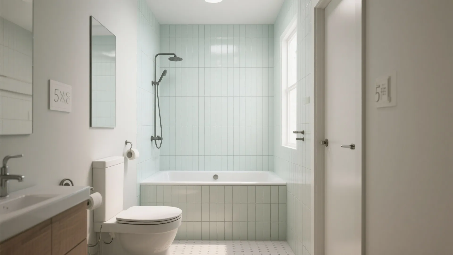 Small bathroom with vertical pale subway tiles and tub-shower combo