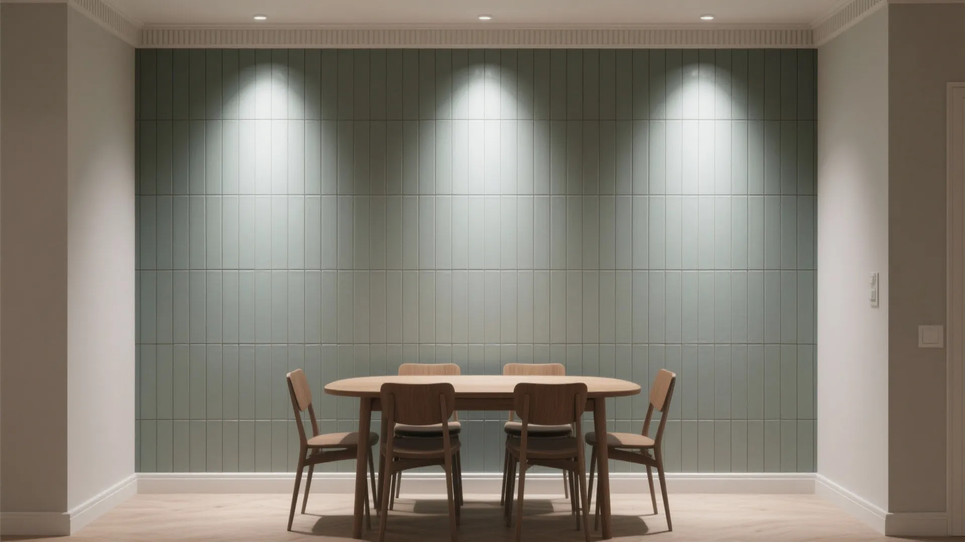 Dining room with light green wall panel tiles and wooden table under three bright ceiling lights