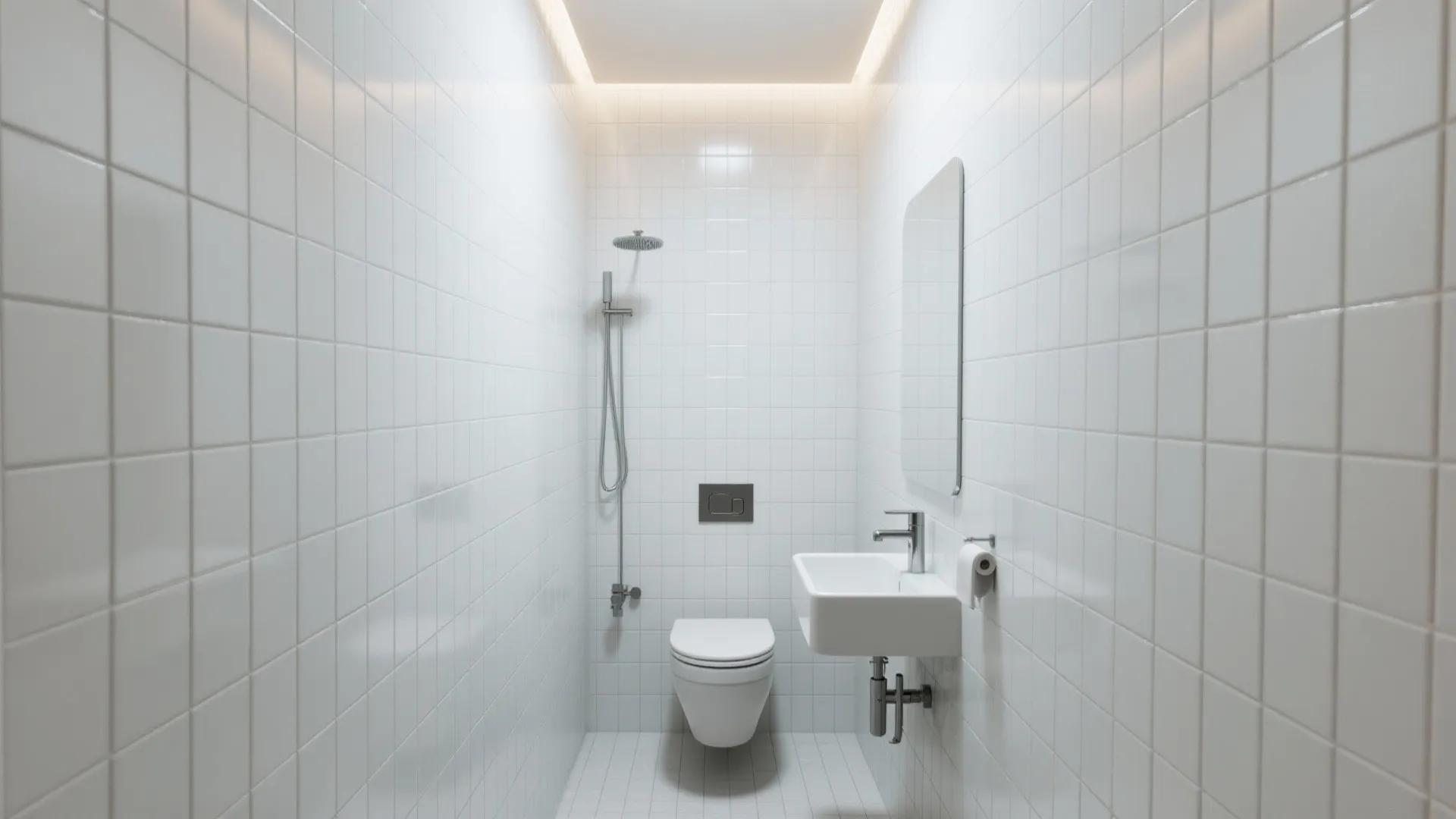 Small white bathroom with square tiles on walls plus a toilet sink and shower head
