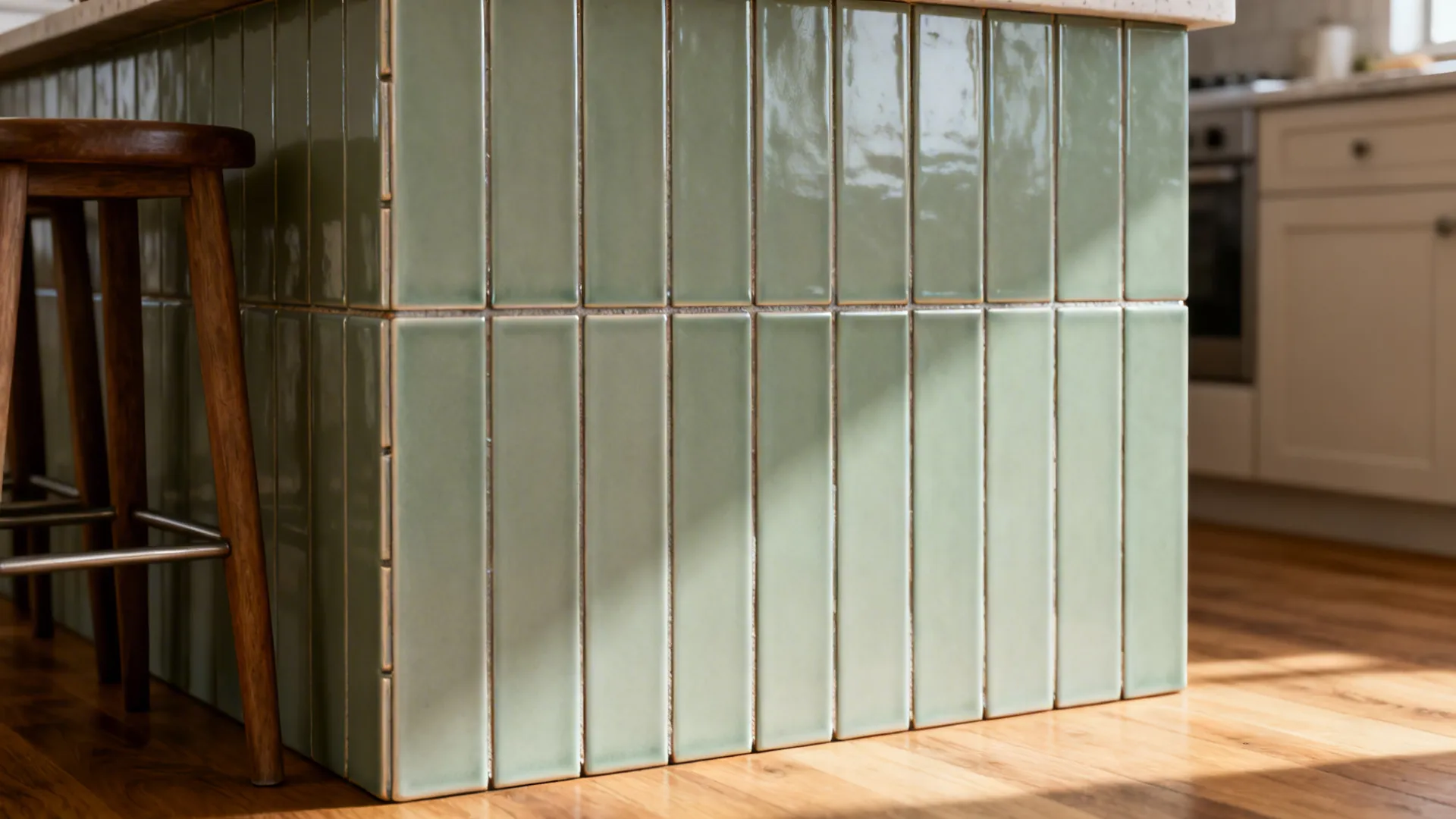 Close-up of vertical matte sage tiles on an island riser with crisp epoxy grout lines.