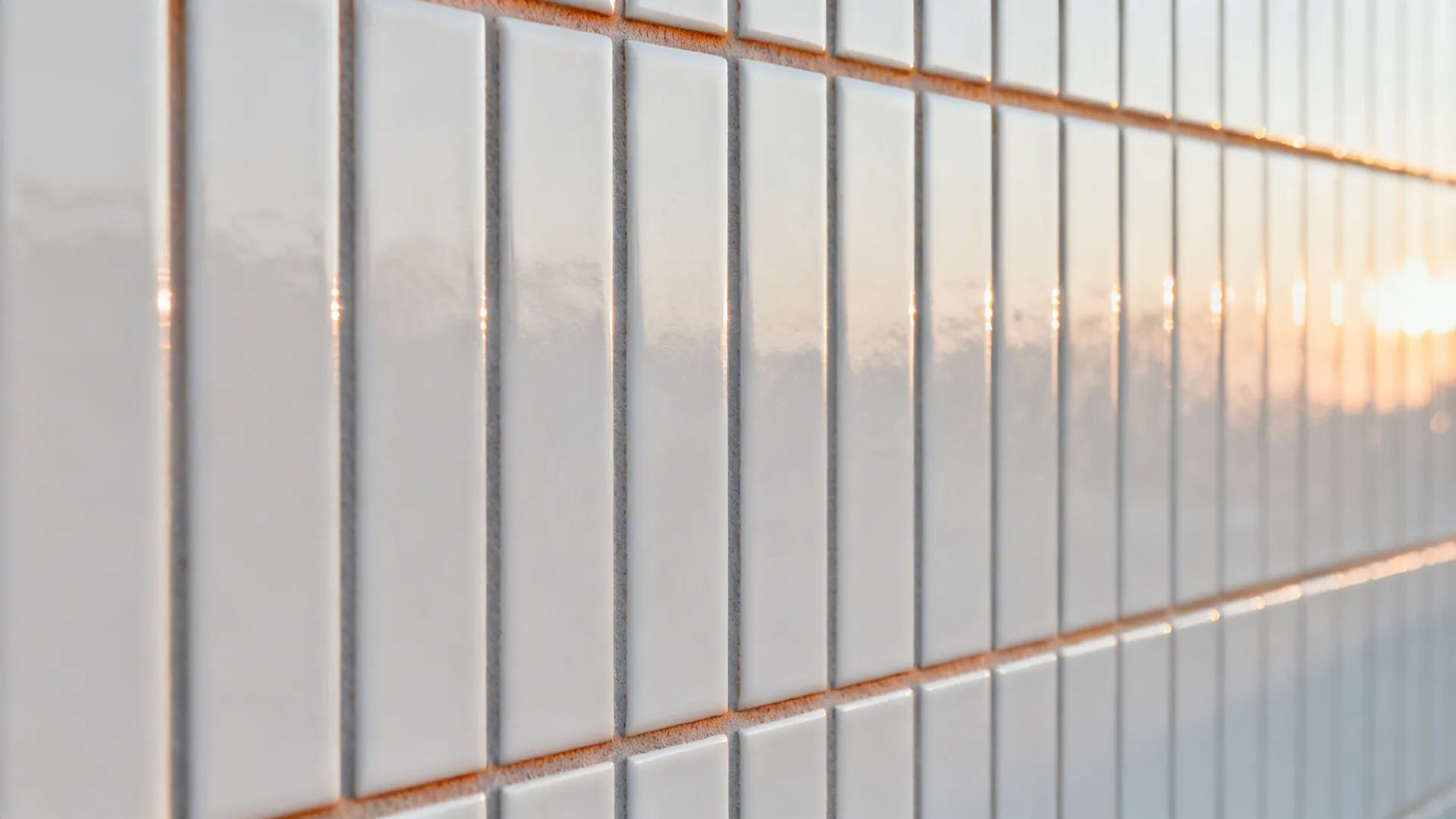 Macro of vertical subway tiles with warm gray grout showing texture and alignment.