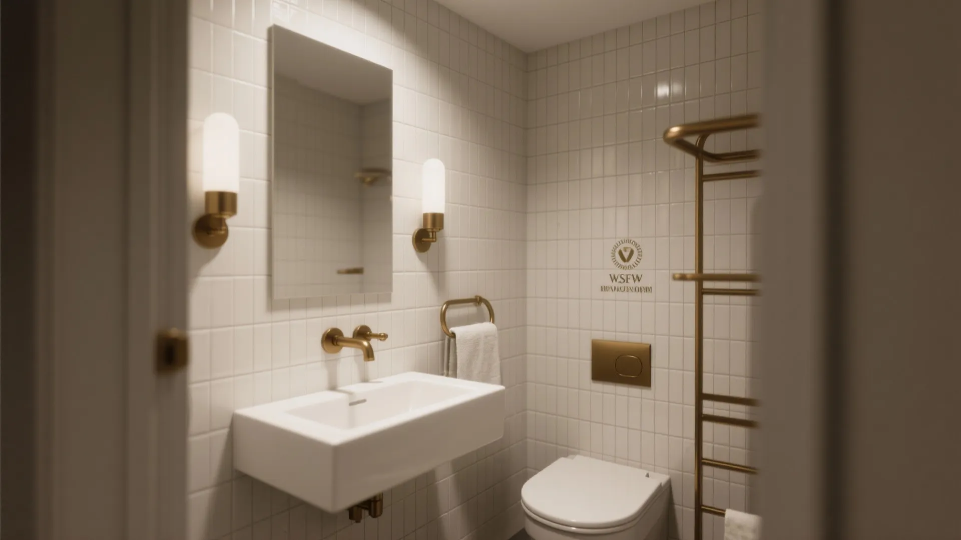 Vertical subway tiles with brass fixtures in a small bathroom