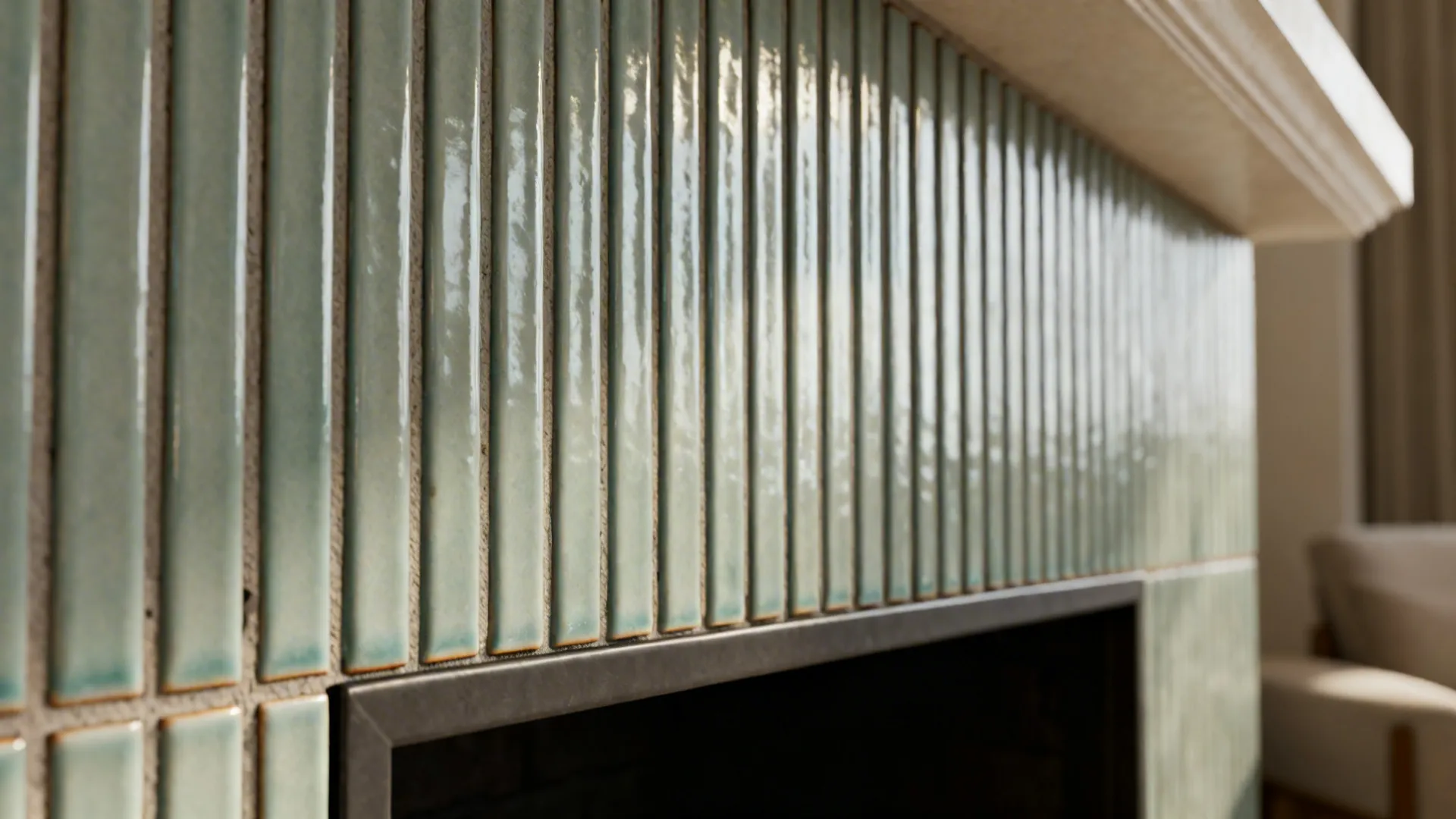 Close-up of tall narrow vertical tiles forming ribbed rhythm on a fireplace surround.