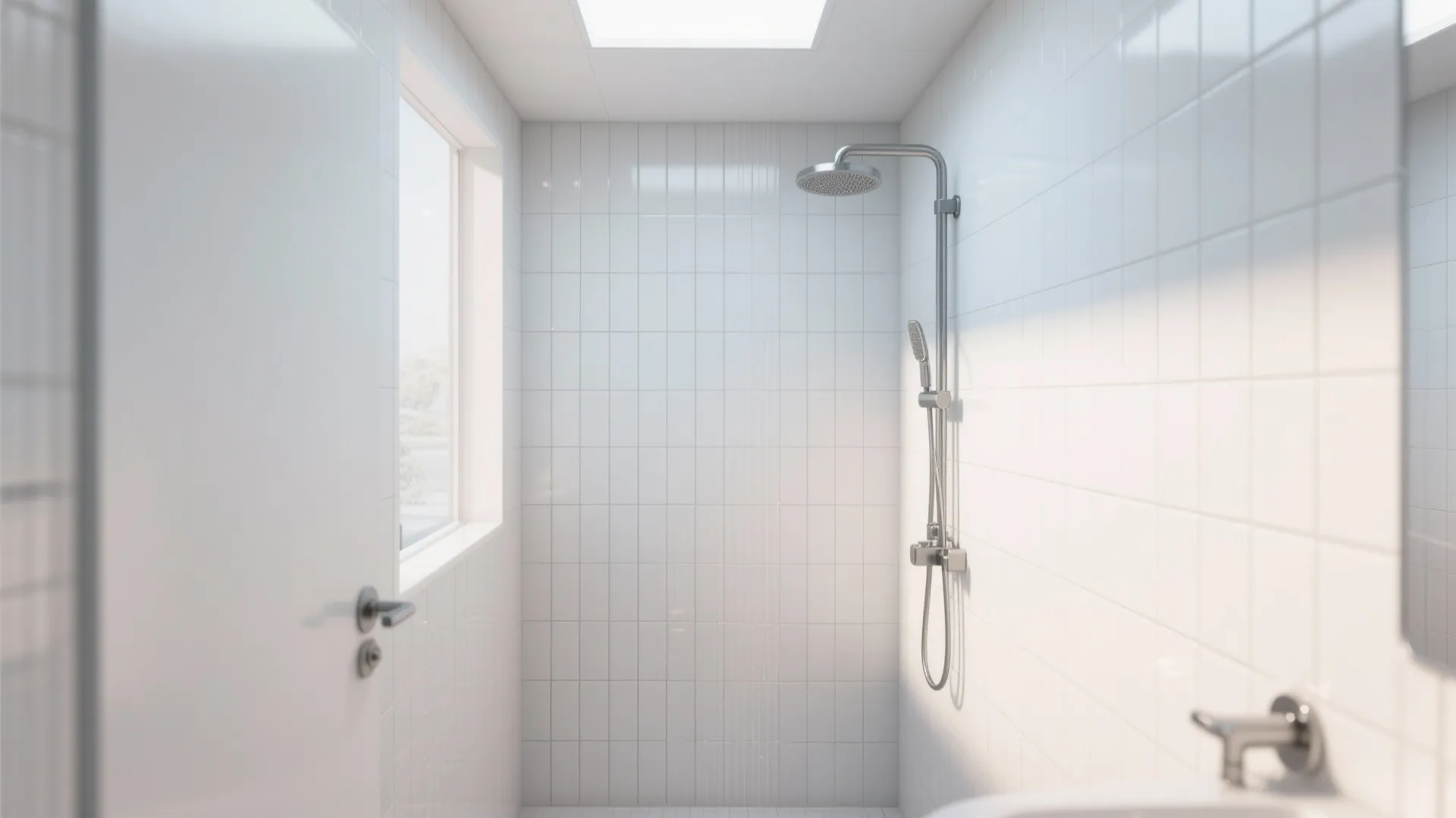 Compact shower with slim vertical subway tiles for height illusion