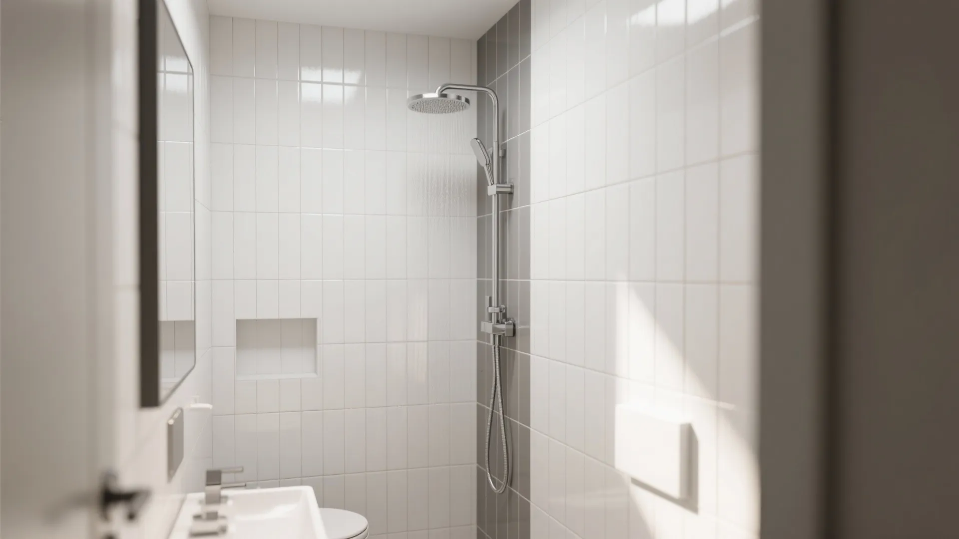Bright bathroom shower area with white vertical wall tiles grey accent strip and a shower head