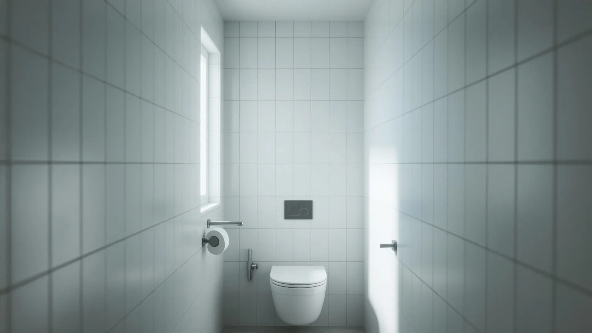 Minimalist white bathroom with wall mounted toilet and simple square tiles on all interior walls