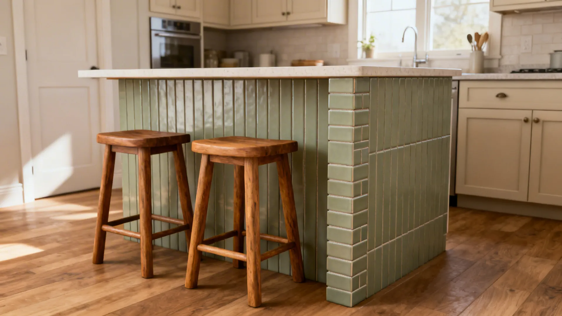 Modern kitchen with an island clad in vertical matte sage tiles, adding height and texture.