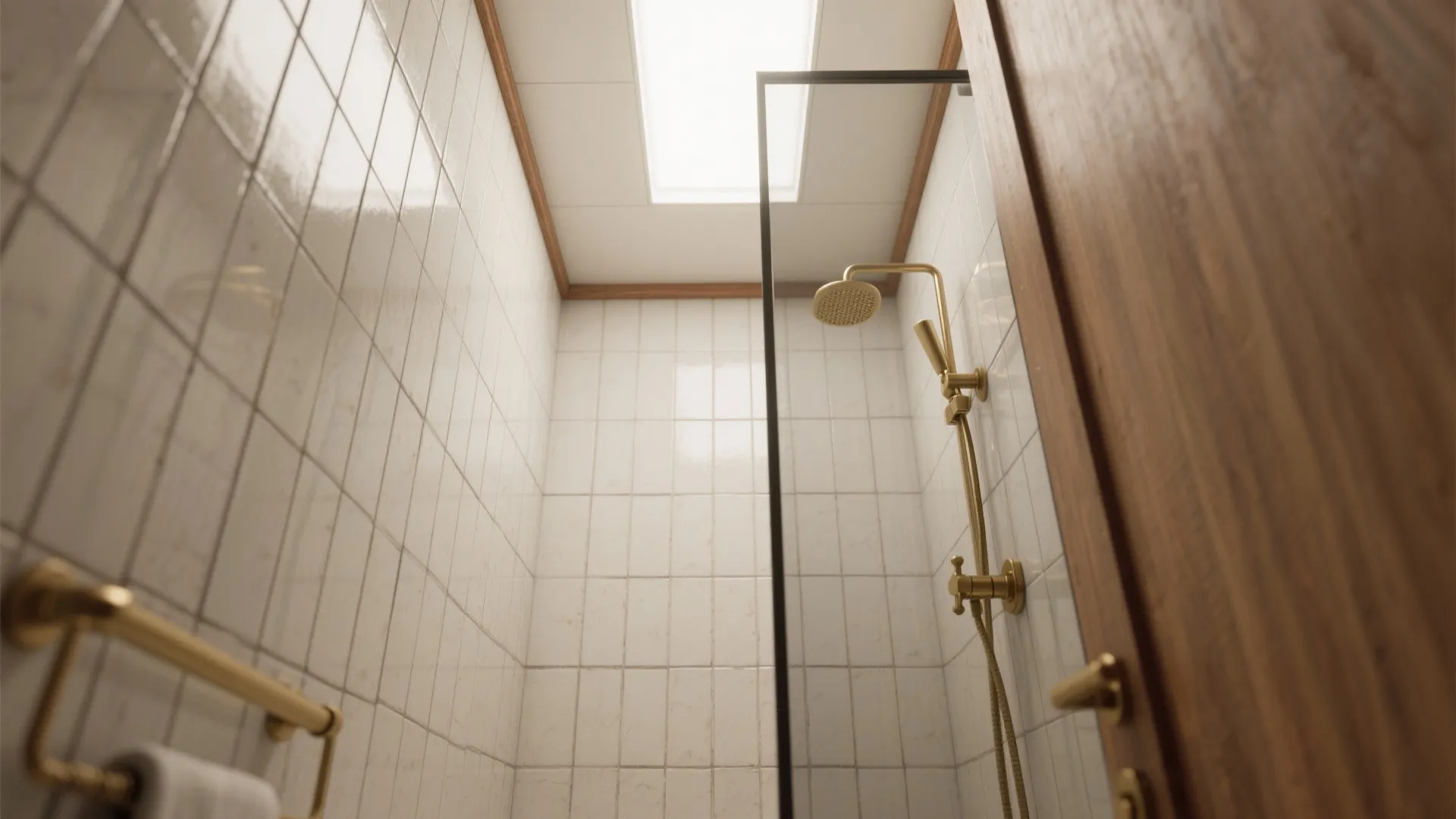 Modern bathroom shower area featuring vertical white tiles gold shower head and a glass door frame