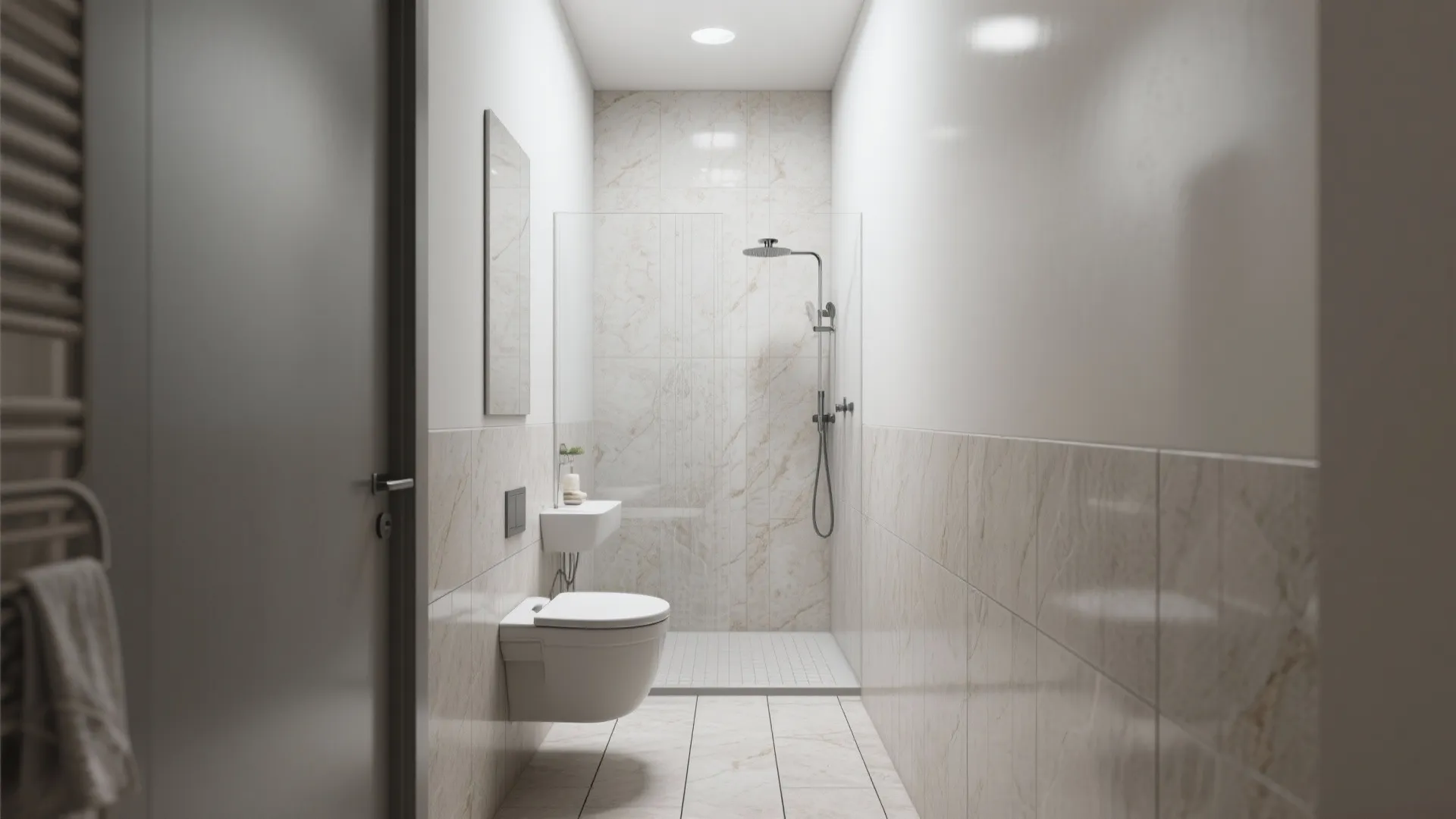 Modern small bathroom design with white toilet wall hung sink shower head and vertical tiles
