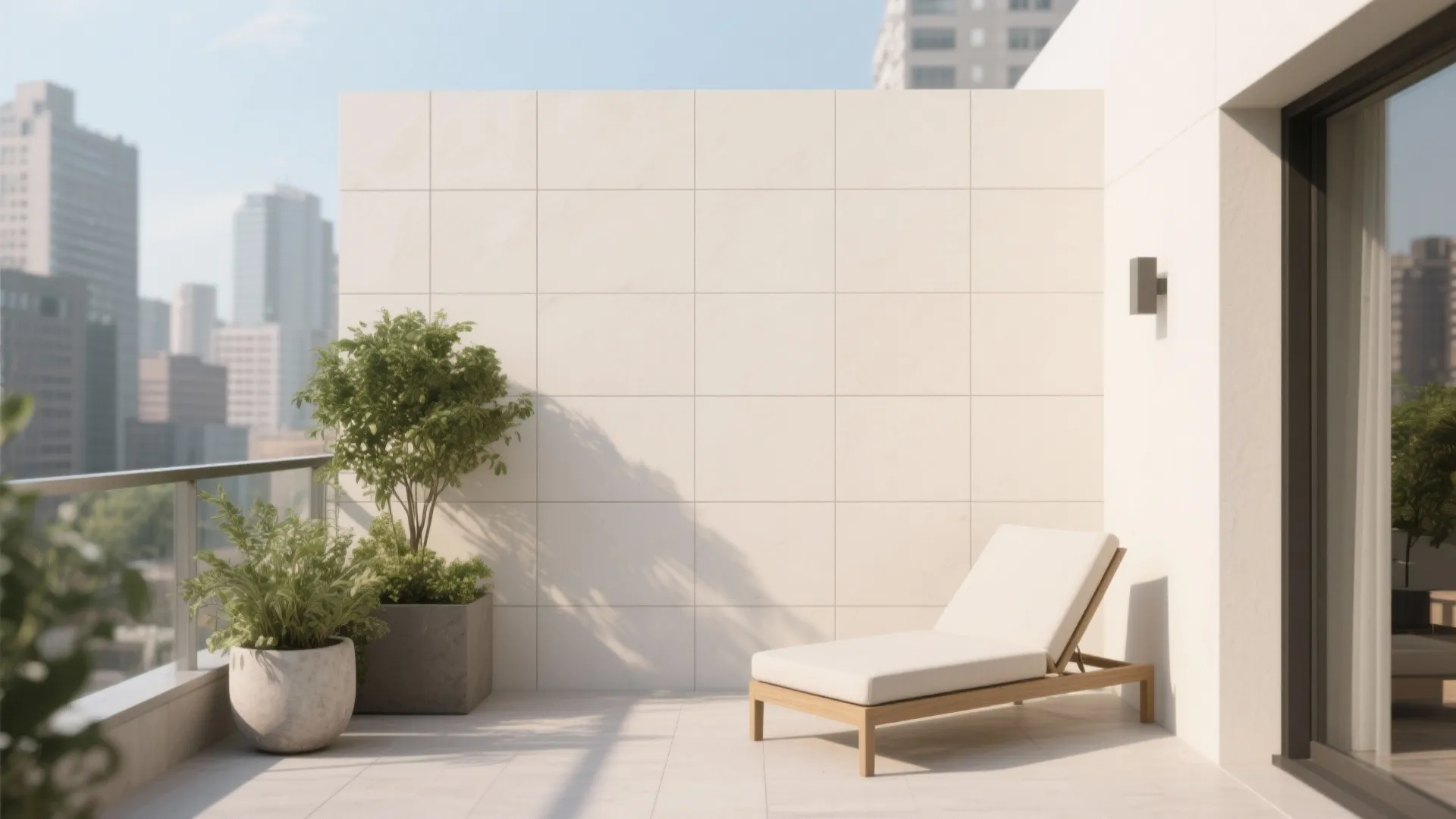 Sunny balcony with white square wall tiles wooden sofa green plants and city building view background