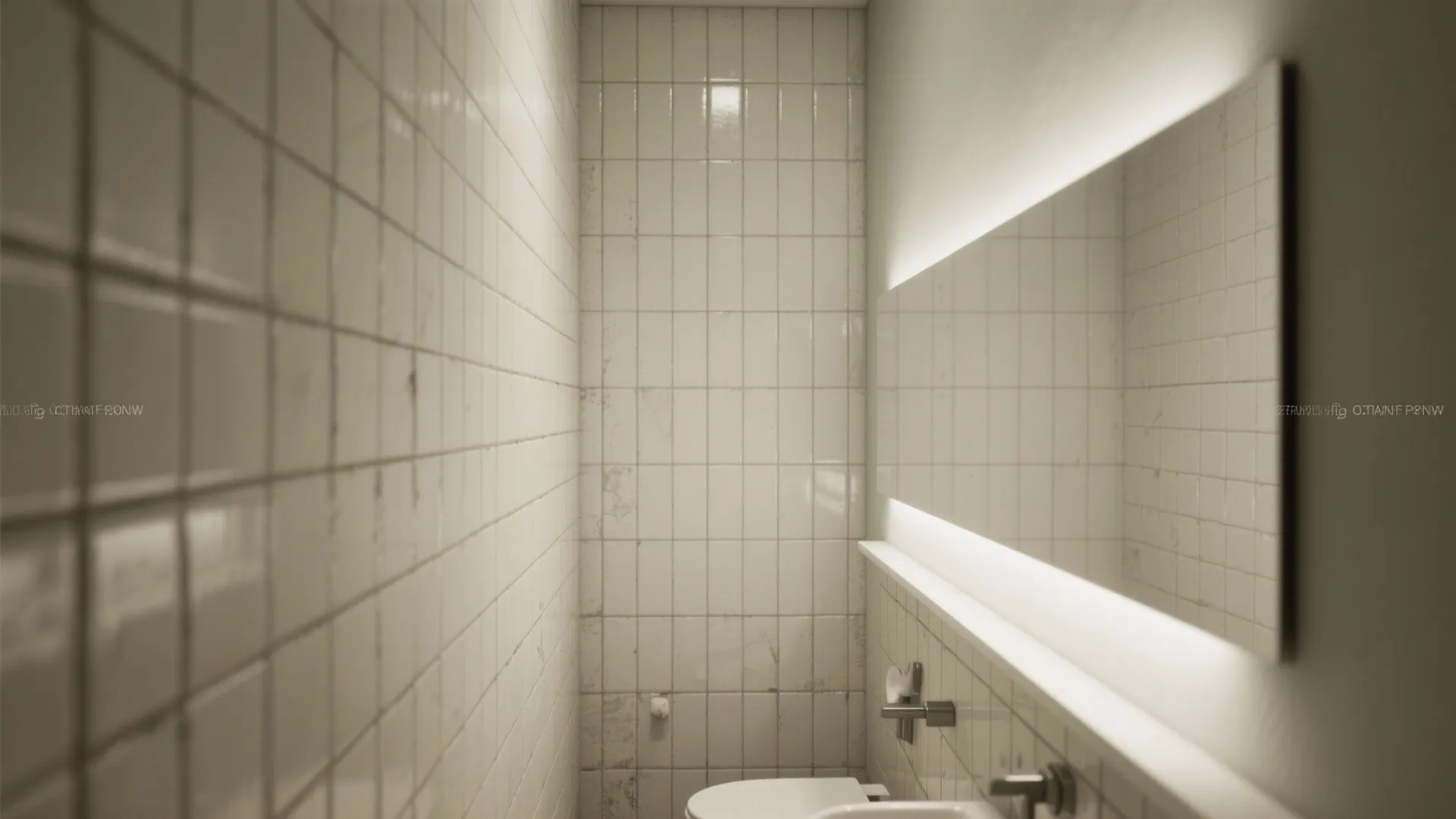 Small bathroom featuring vertical white wall tiles with a large lighted mirror and white sink