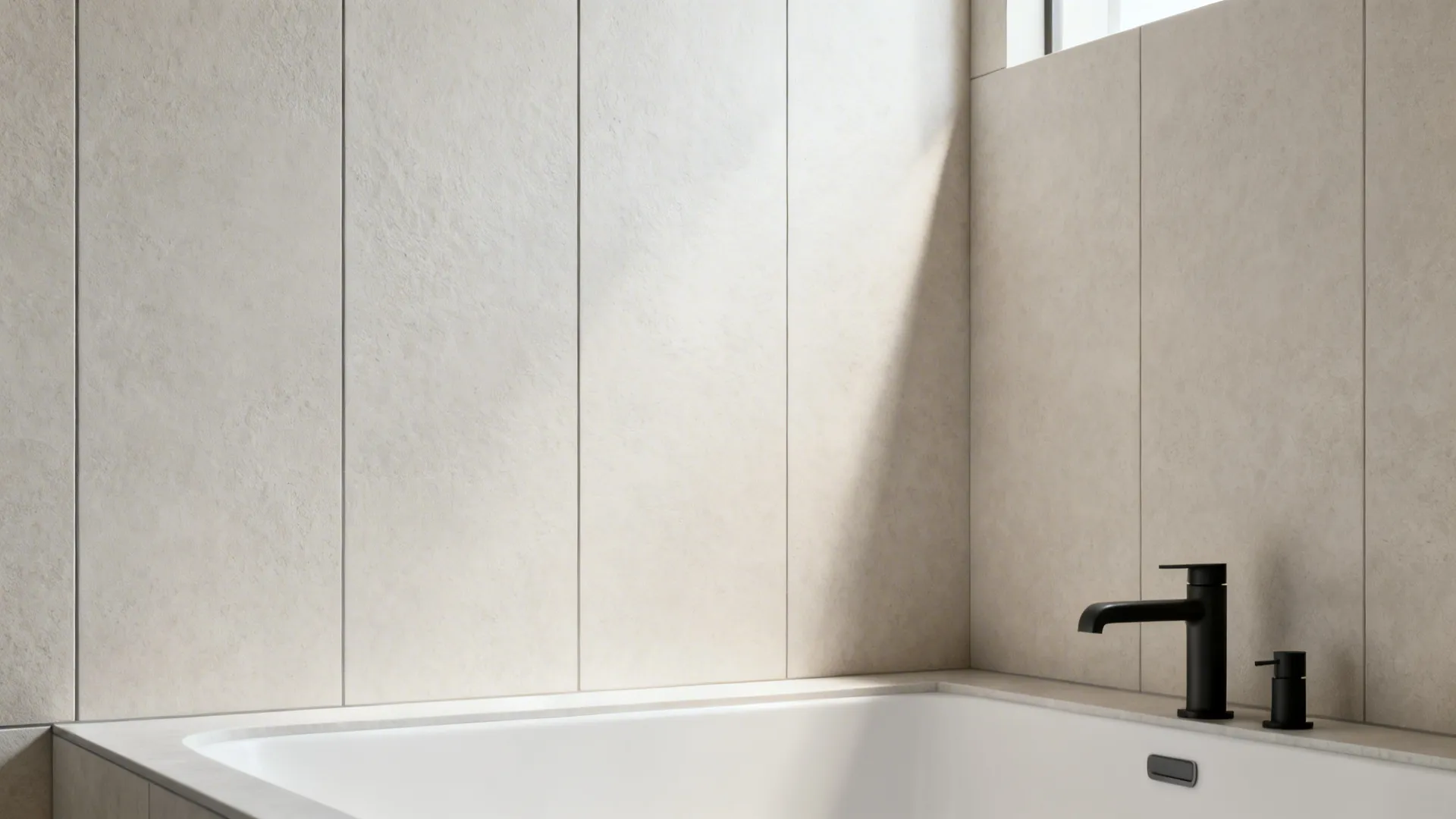 Tub alcove with vertically oriented large-format tiles and minimal grout lines