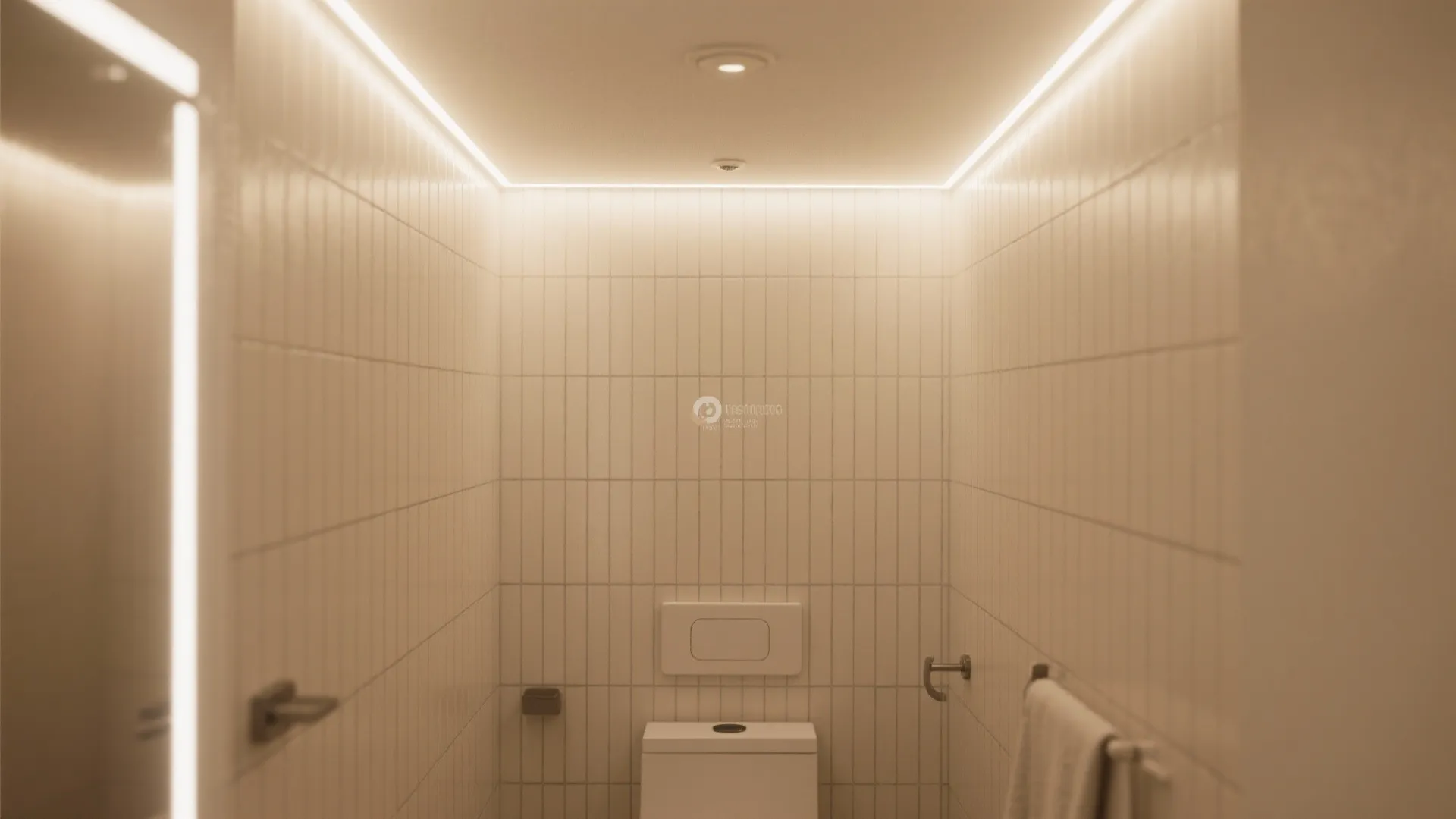 Modern bathroom with vertical white wall tiles hidden light strips toilet and warm interior lighting