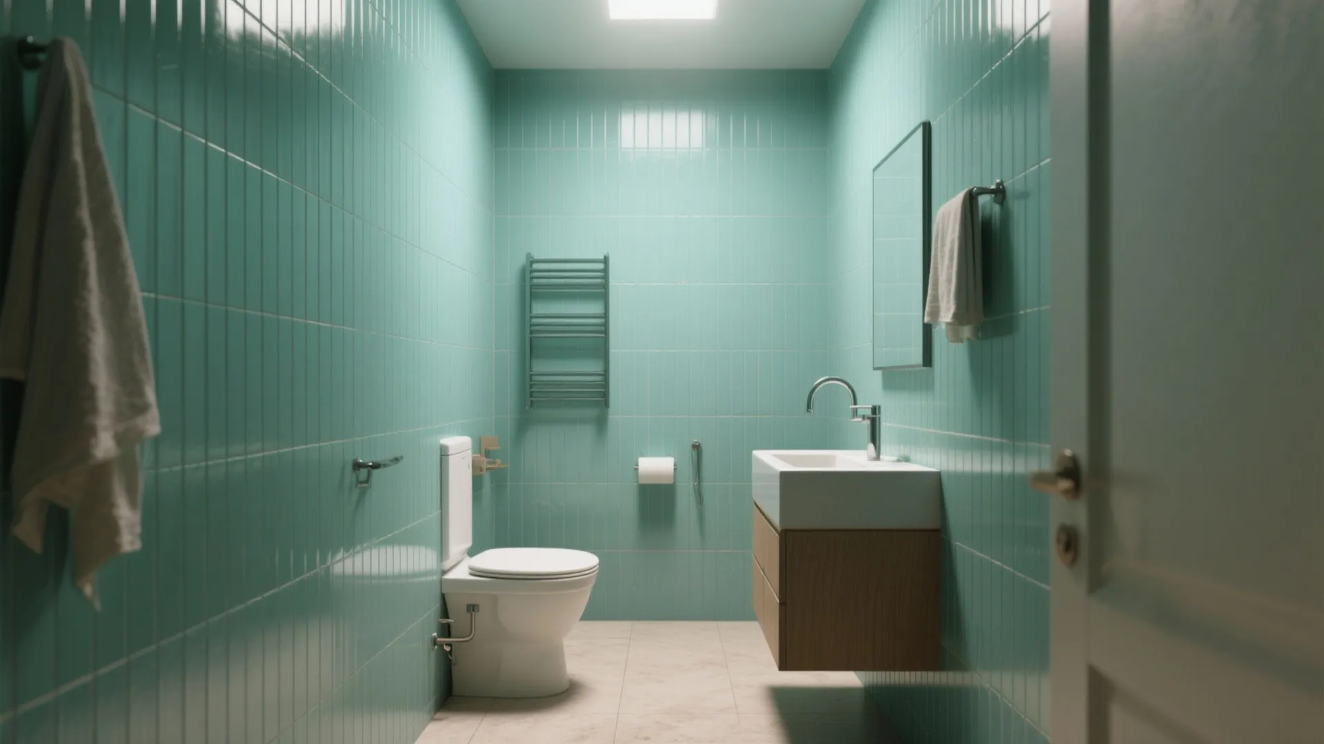 Minimalist bathroom with vertical turquoise tiles wooden floating cabinet white sink and a white toilet