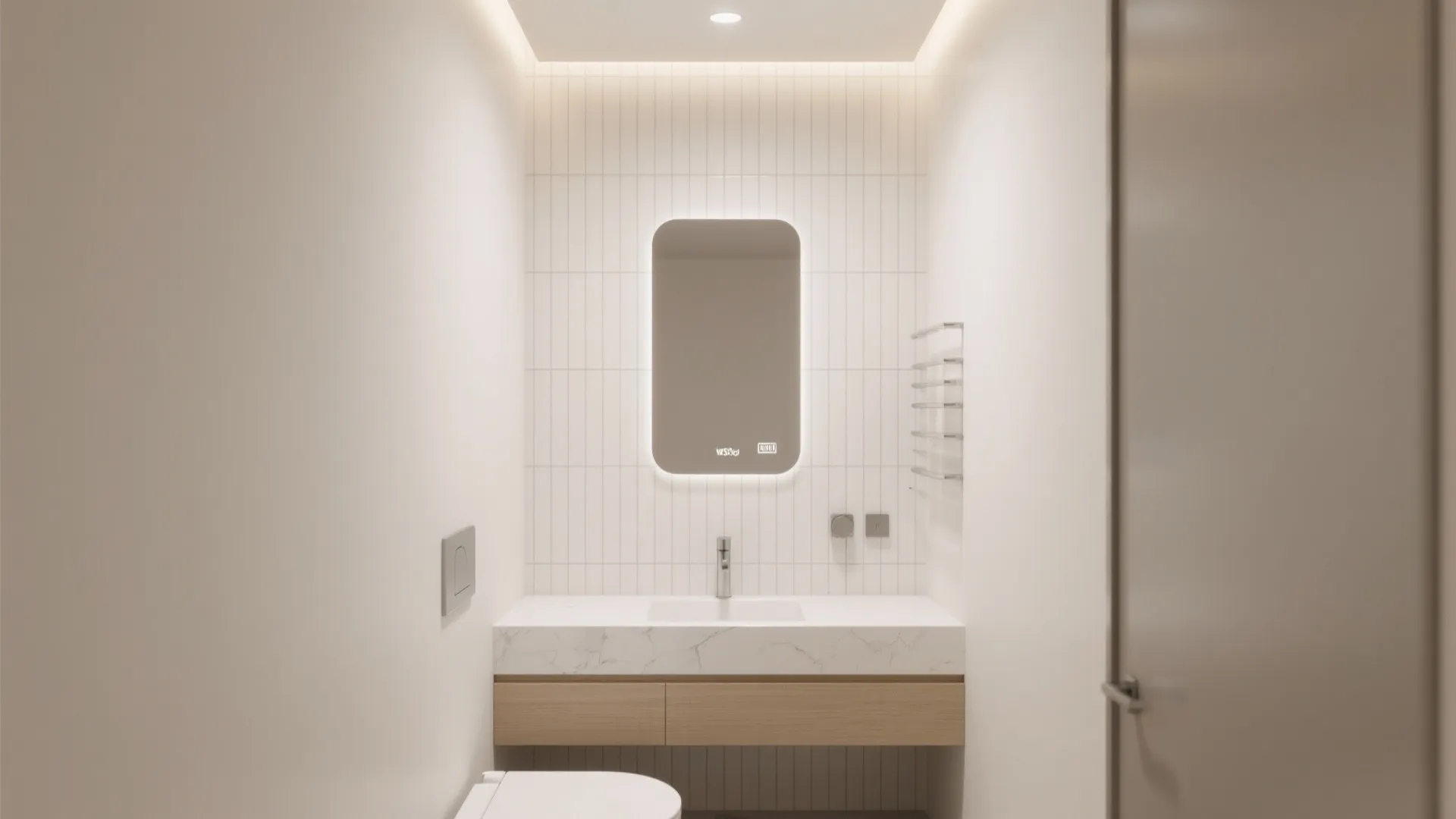 Small bathroom with vertical porcelain tiles that add height