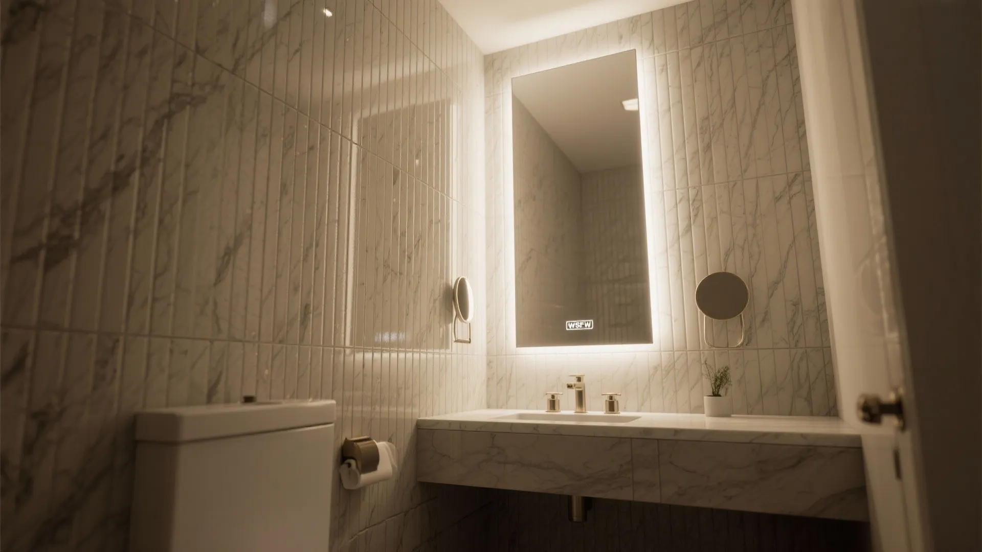 Powder room with full-height vertical tiles behind a floating vanity that visually increases ceiling height.