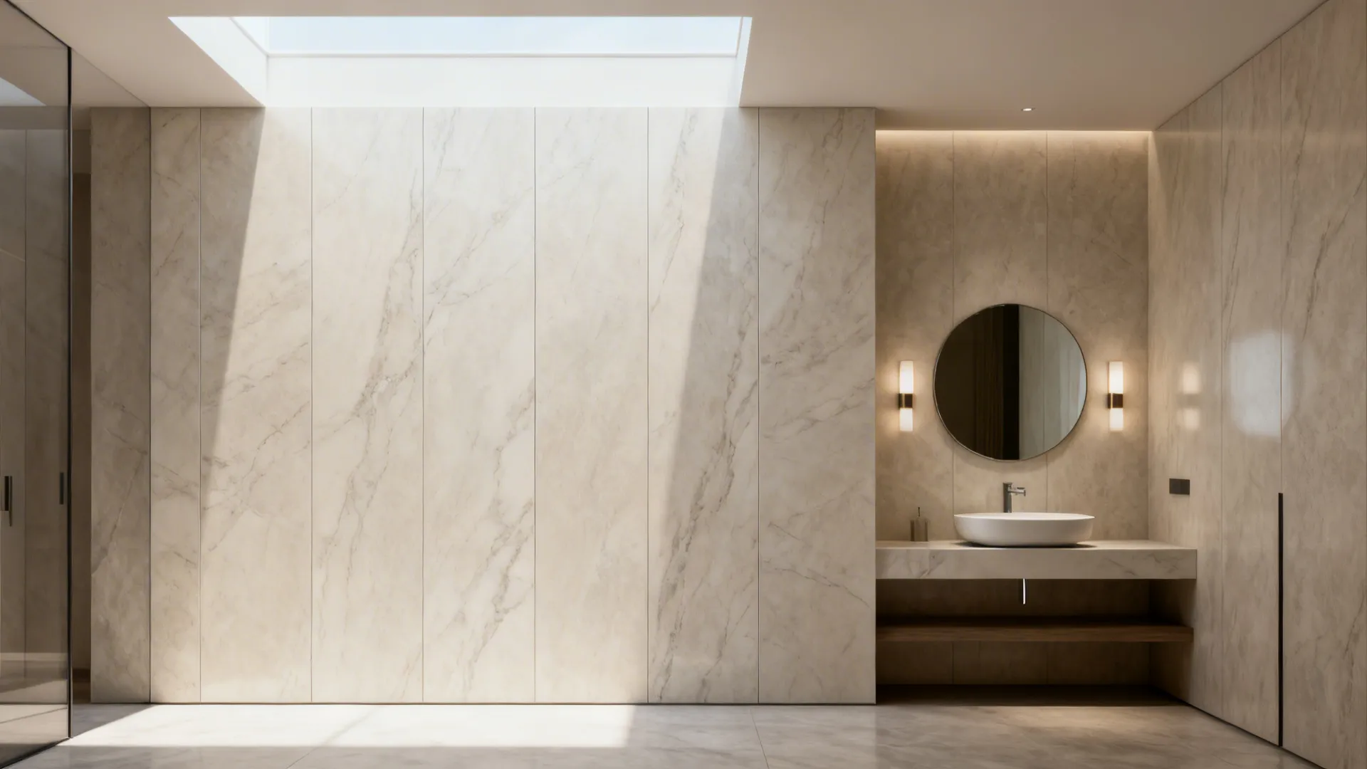 Small powder room with floor-to-ceiling large-format vertical tile slabs creating a taller appearance