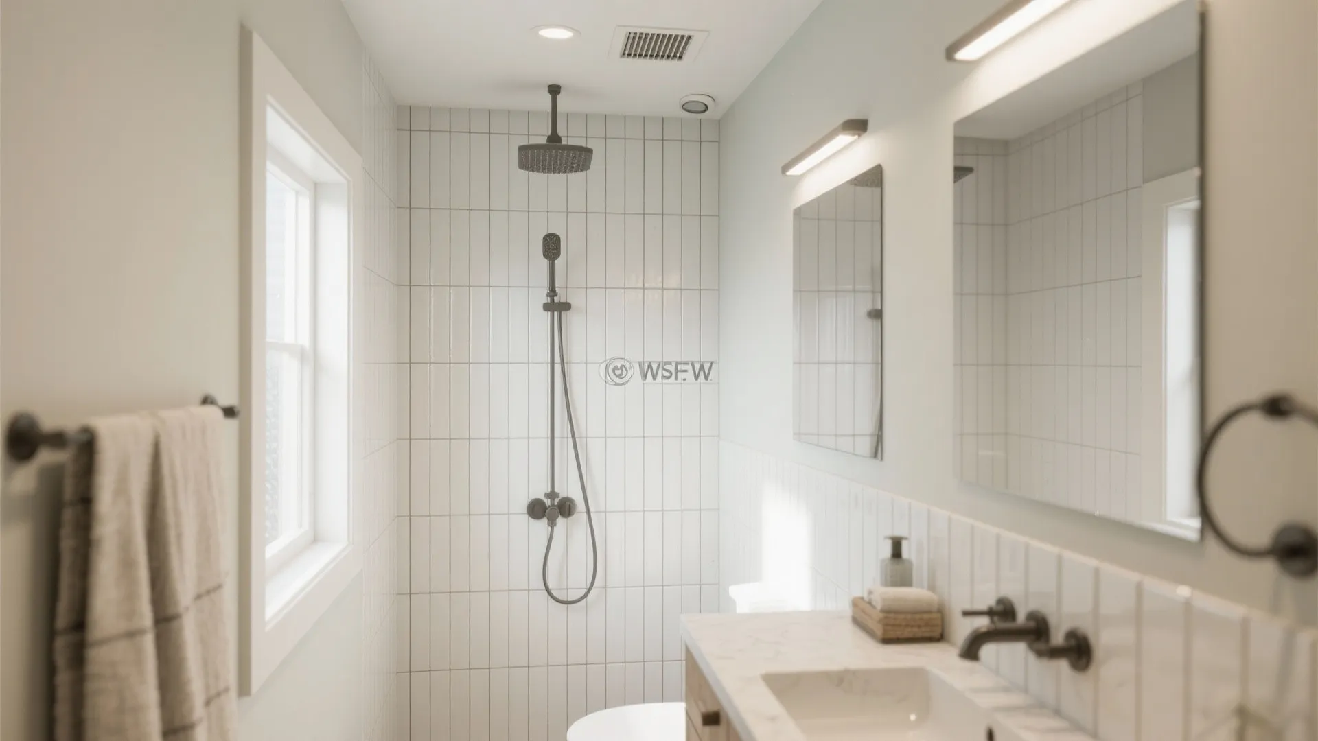 Small bathroom featuring vertical white tiles, black shower head, window, mirror, and sink with faucet