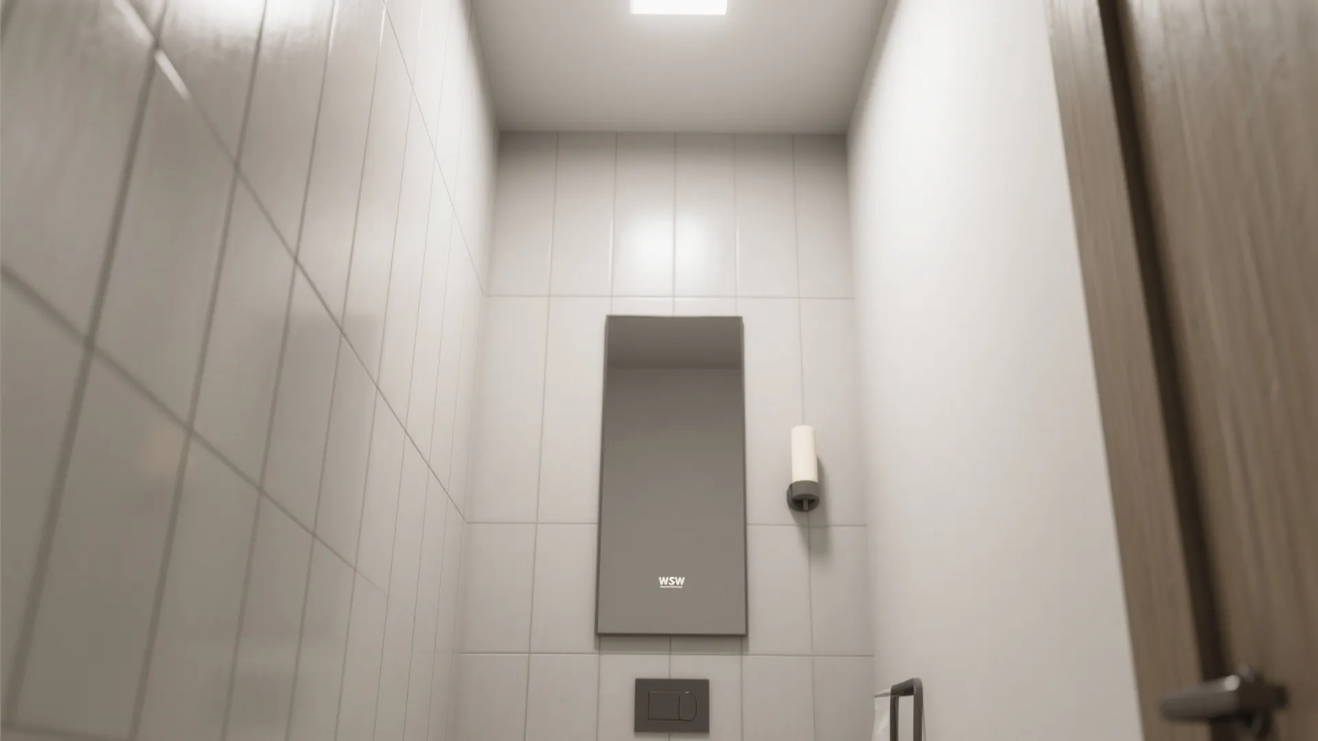 Narrow bathroom wall with medium rectangular tiles installed vertically to accentuate height