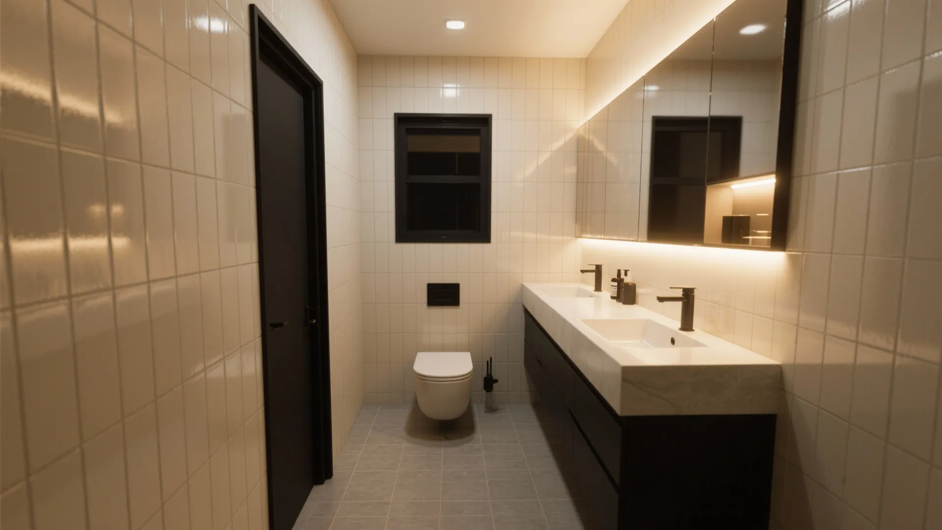 Modern bathroom with white wall tiles black door floating toilet double sink and warm led mirror