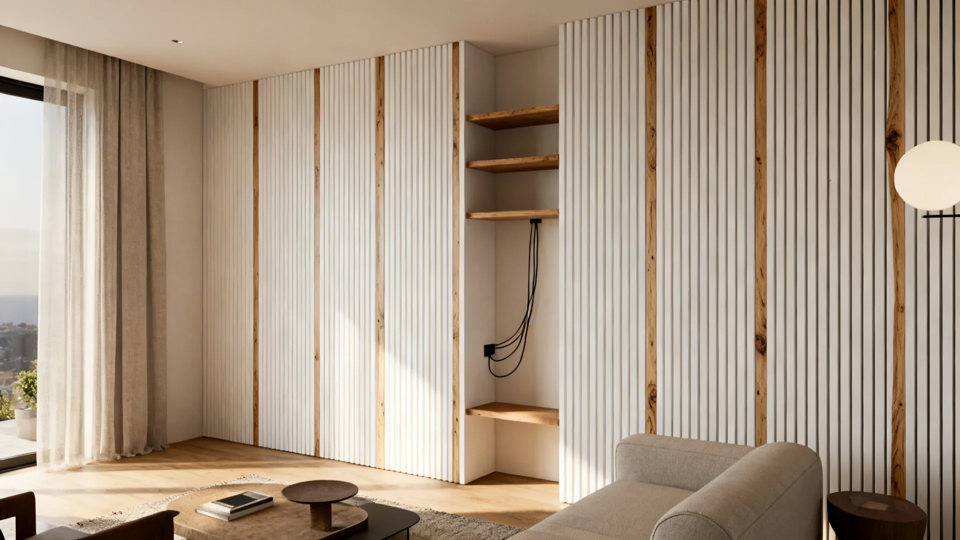 Living room wall with painted vertical timber slats and narrow shelves, increasing perceived height.