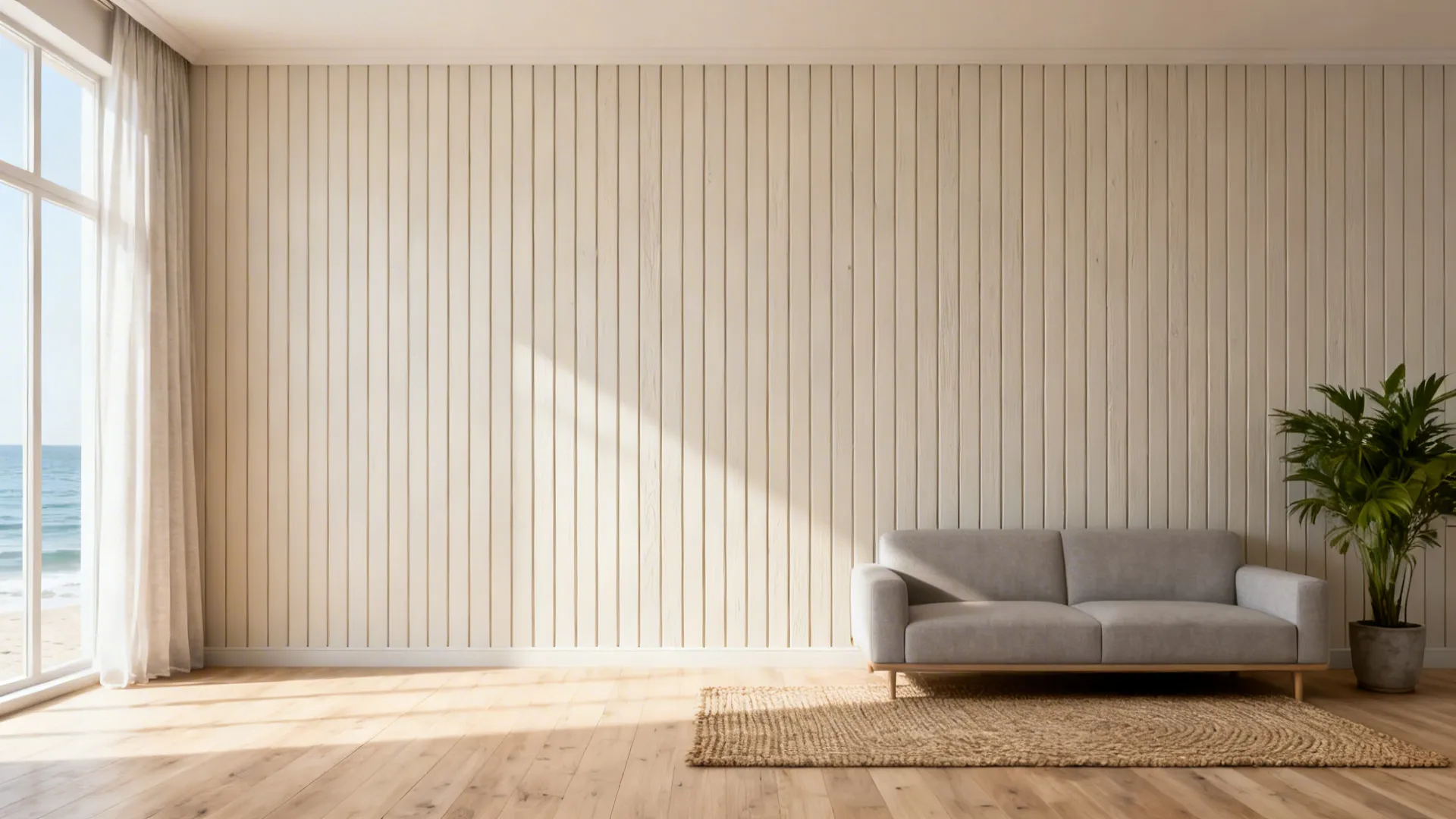 Small living room with vertical tongue-and-groove wall painted neutral to increase perceived height.