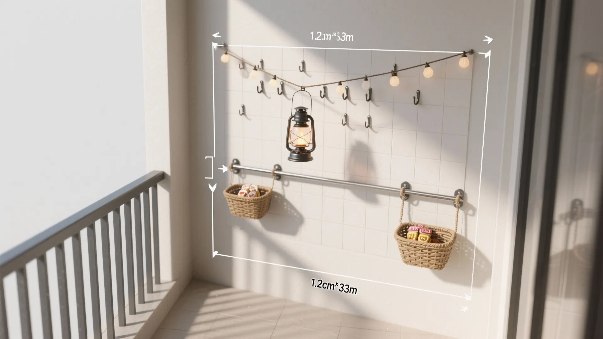 White balcony wall with measurement lines showing small storage baskets and light fixture hooks setup